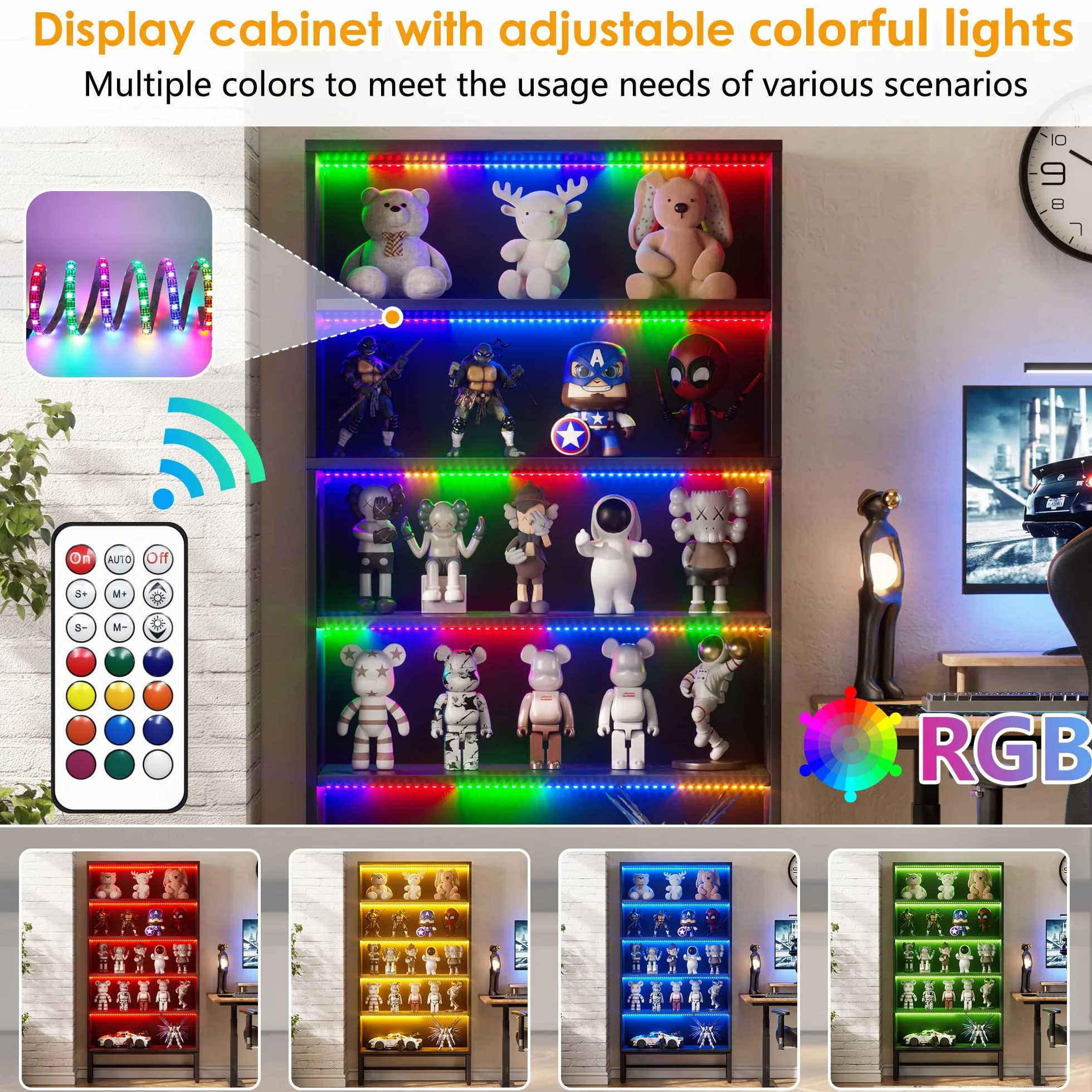 Vetrinetta Espositiva Mobile vetrina con illuminazione a LED Armadio da Collezione a 5 Strati Moderna Mobile Vetrina Vetrina Soggiorno per Statuette, Salotto, Bar,Camera da letto e Ufficio 90*30*178CM