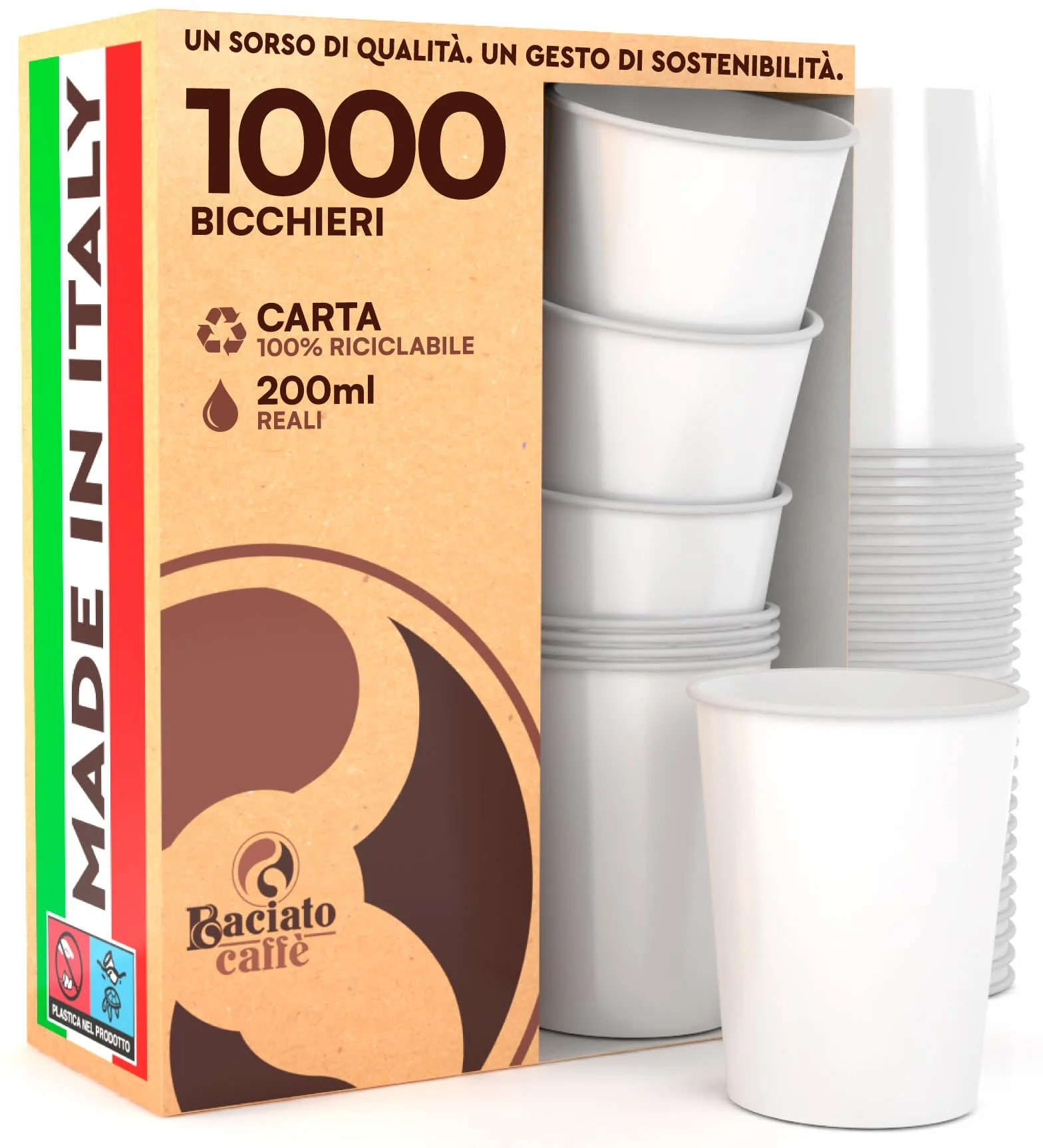 Baciato Caffè 1000 Bicchieri in Carta 200ml Ecologici Biodegradabili Monouso Bianchi