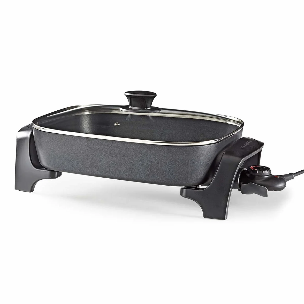 Nedis Padella Elettrica, Padella Multifunzionale con Corpo in Alluminio Pressofuso e Coperchio in Vetro, Lavabile in Lavastoviglie, Diametro 40 cm, Nero