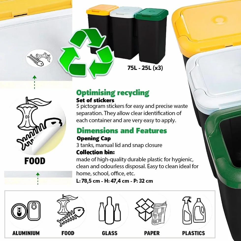 Set 3 Bidoni per il Riciclaggio 75 litri Totali 3x25 lt Struttura Unica in Plastica 78,5x32px47,4h cm Base Nera 3 Coperchi, Giallo, Bianco, Verde + Etichette Adesive per Differenziare