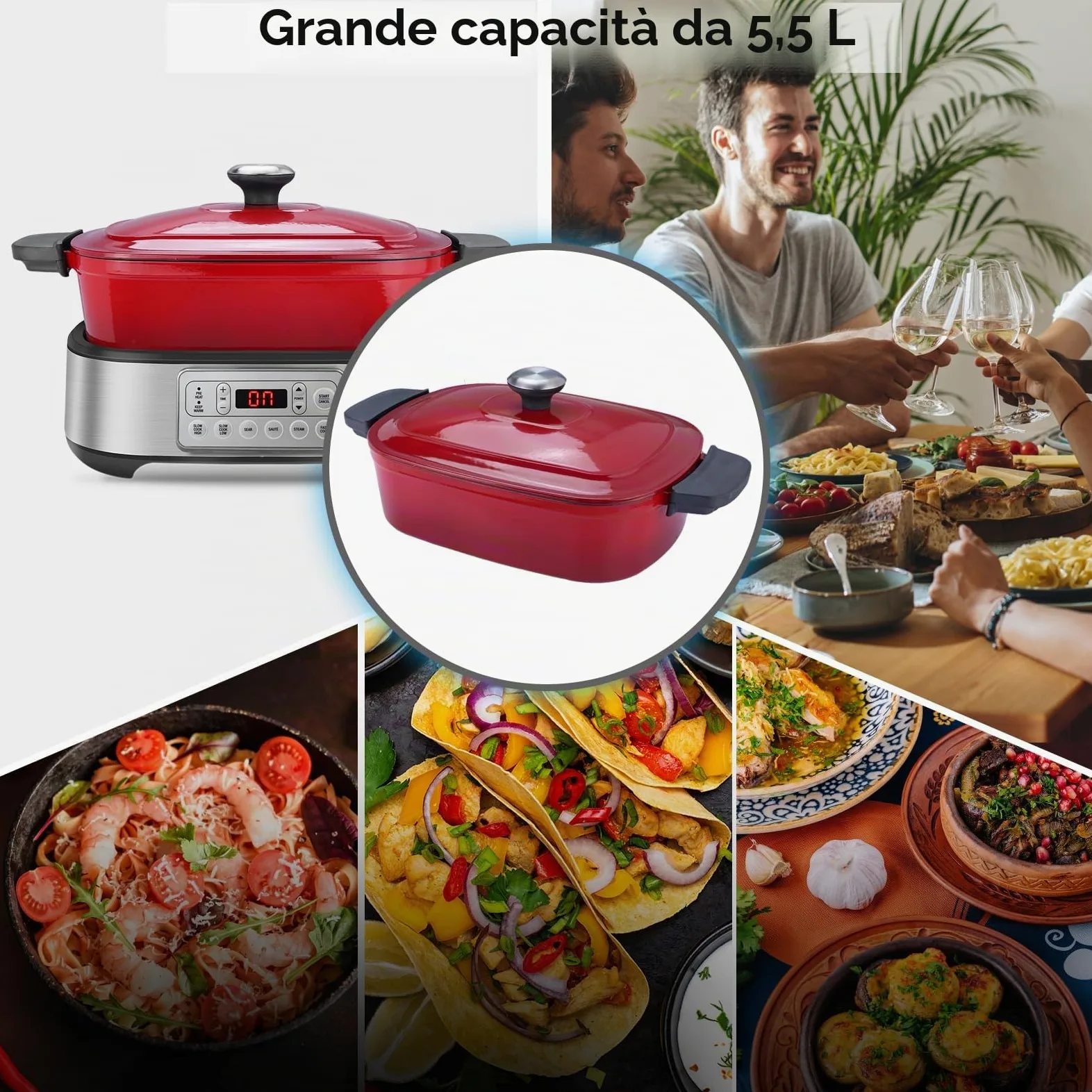 Homtone Casseruola 6 in 1 Slow Cooker, 5,5 l, programmabile, smaltata rimovibile, rivestimento in ceramica, cottura lenta, rosola, cottura a vapore con griglia a vapore, rosso