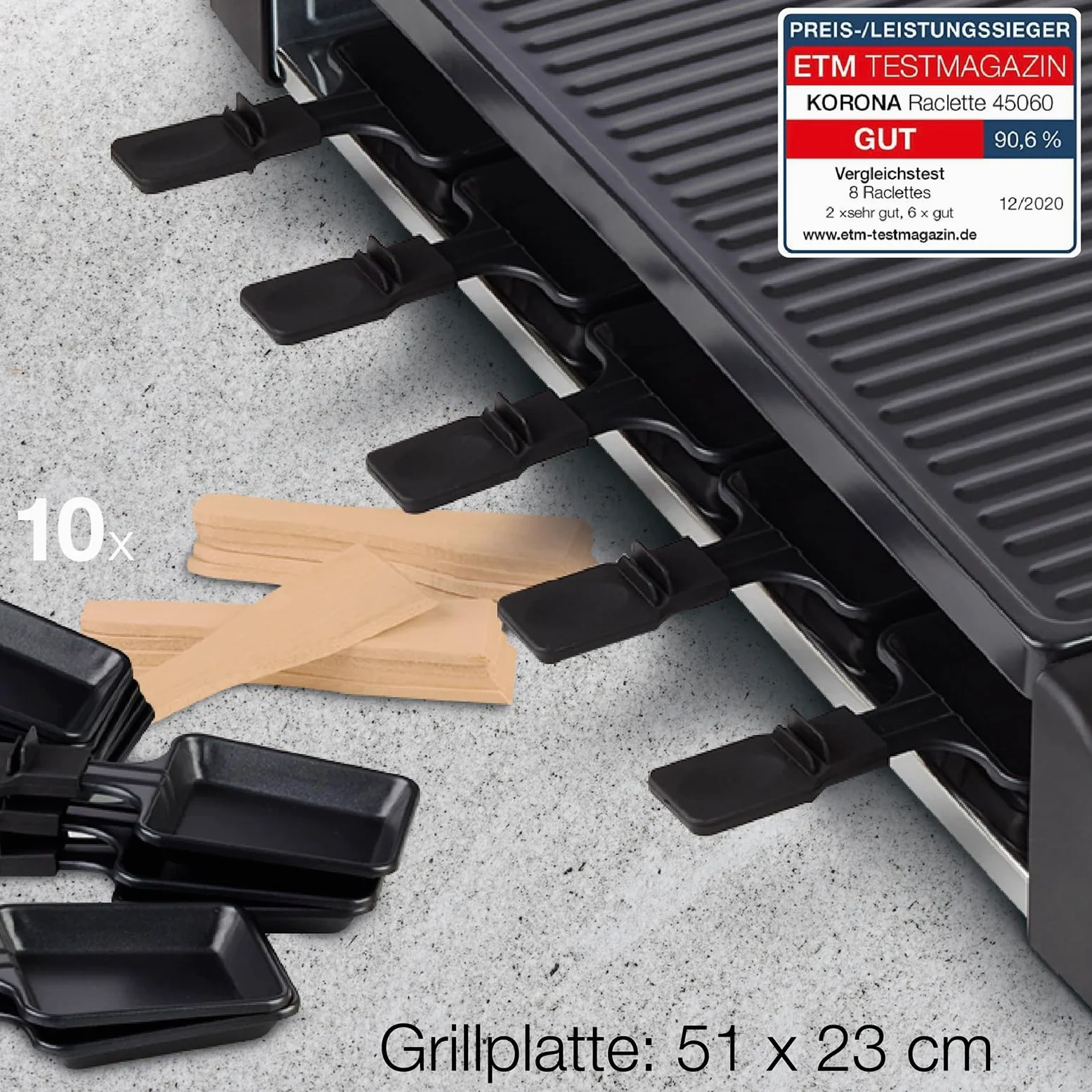 Korona 45060 Raclette per 10 persone | Raclette XXL con 10 padelle e spatole in legno | piastra antiaderente | cavo lungo 1,2 m | 1500 Watt, nero
