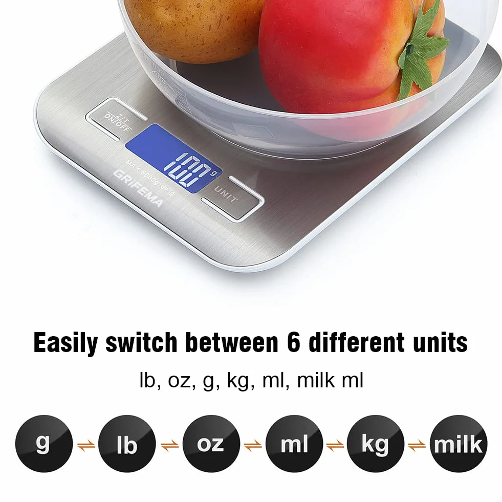 GRIFEMA GA2002 Bilancia da Cucina Smart Digitale con Funzione Tare, 5kg/11 lbs Professionale Alta Precisione