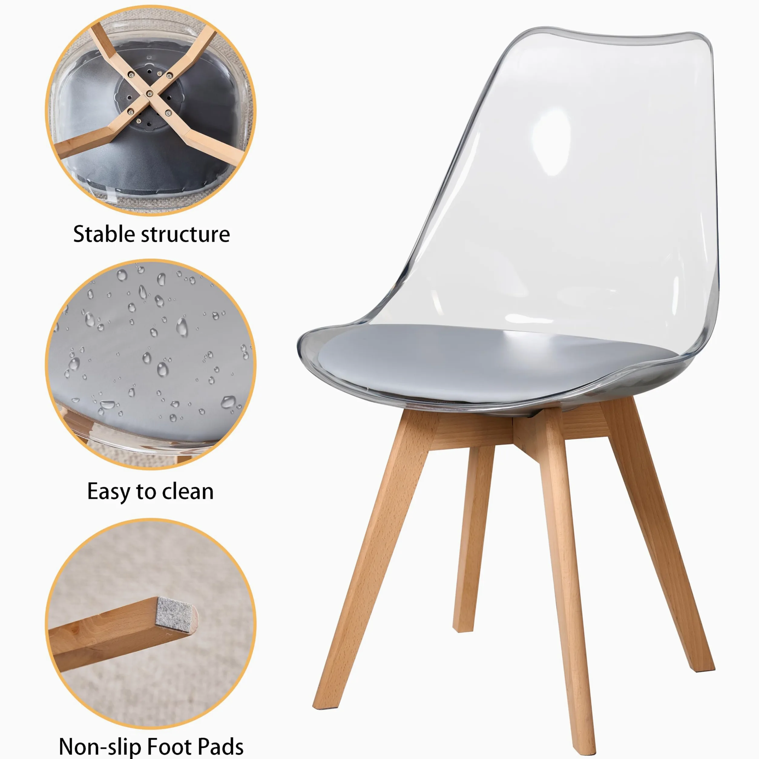 GrandCA HOME Tavolo da Pranzo con 4 Sedie, Tavolo da Pranzo Rotondo da 100 CM, Sedia da Cucina Imbottita Trasparente, Set Tavolo da Pranzo e Sedie (Chiaro + Grigio)