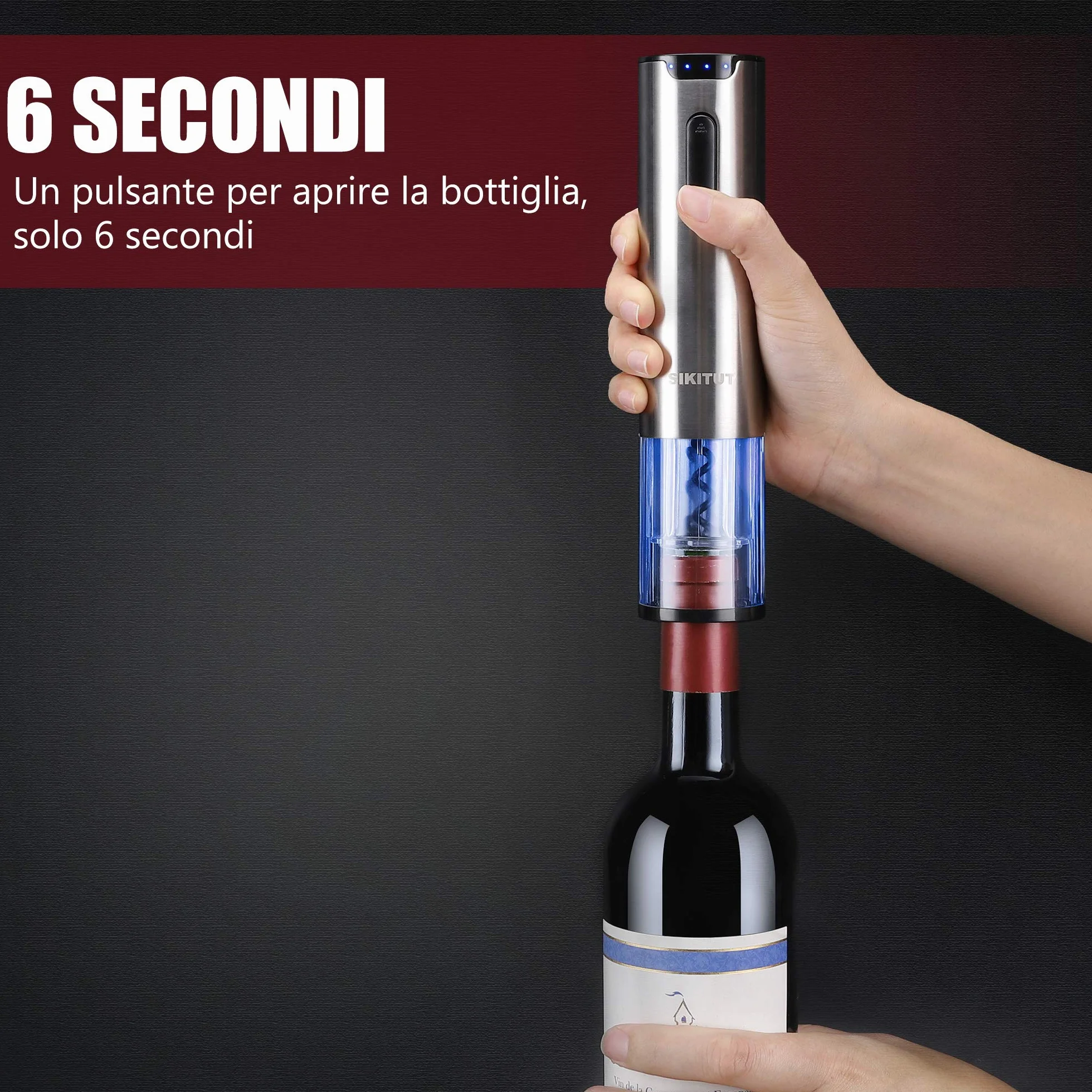 Cavatappi Elettrico Professionale Acciaio Inossidabile con Indicatore LED Batteria e Base Ricarica USB
