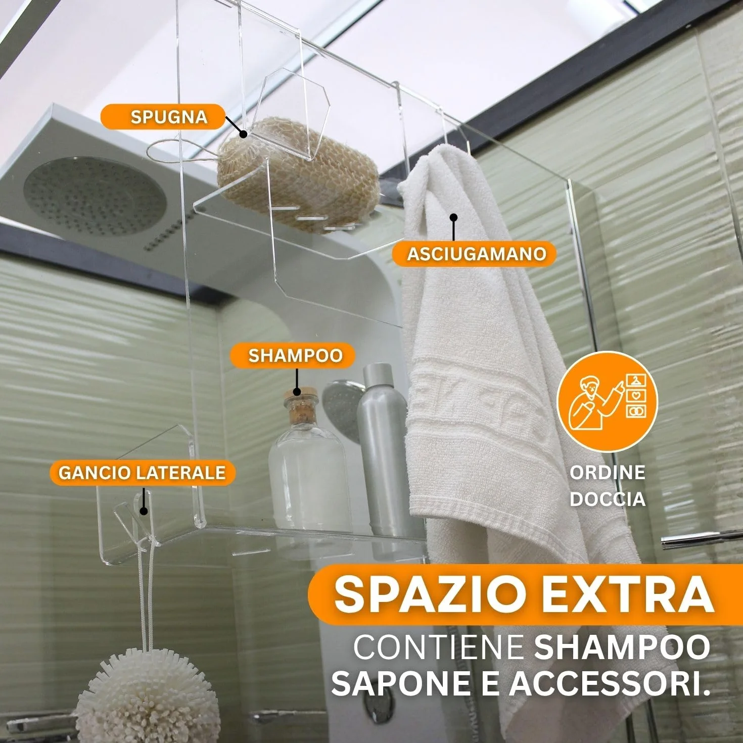 AGPLEX Porta Shampoo Doccia in Vetro Acrilico, Porta Sapone Monoblocco per Doccia, Spessore Box 6-15mm Made in Italy