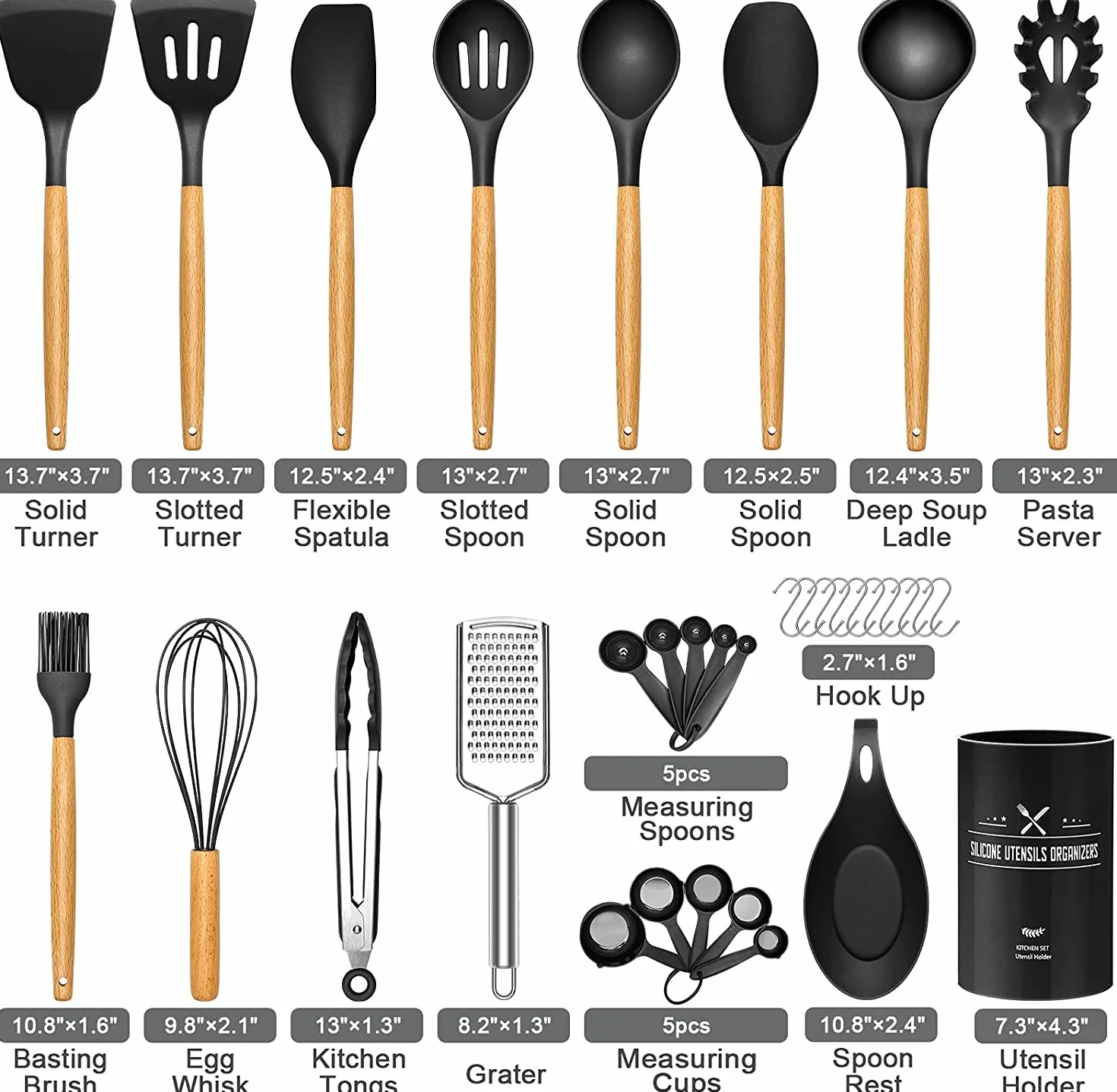 Set di 34 utensili da cucina in silicone, resistenti al calore, con manici in acciaio inossidabile di alta qualità, per cucinare e cuocere, spatole antiaderenti, utensili da cucina (nero)