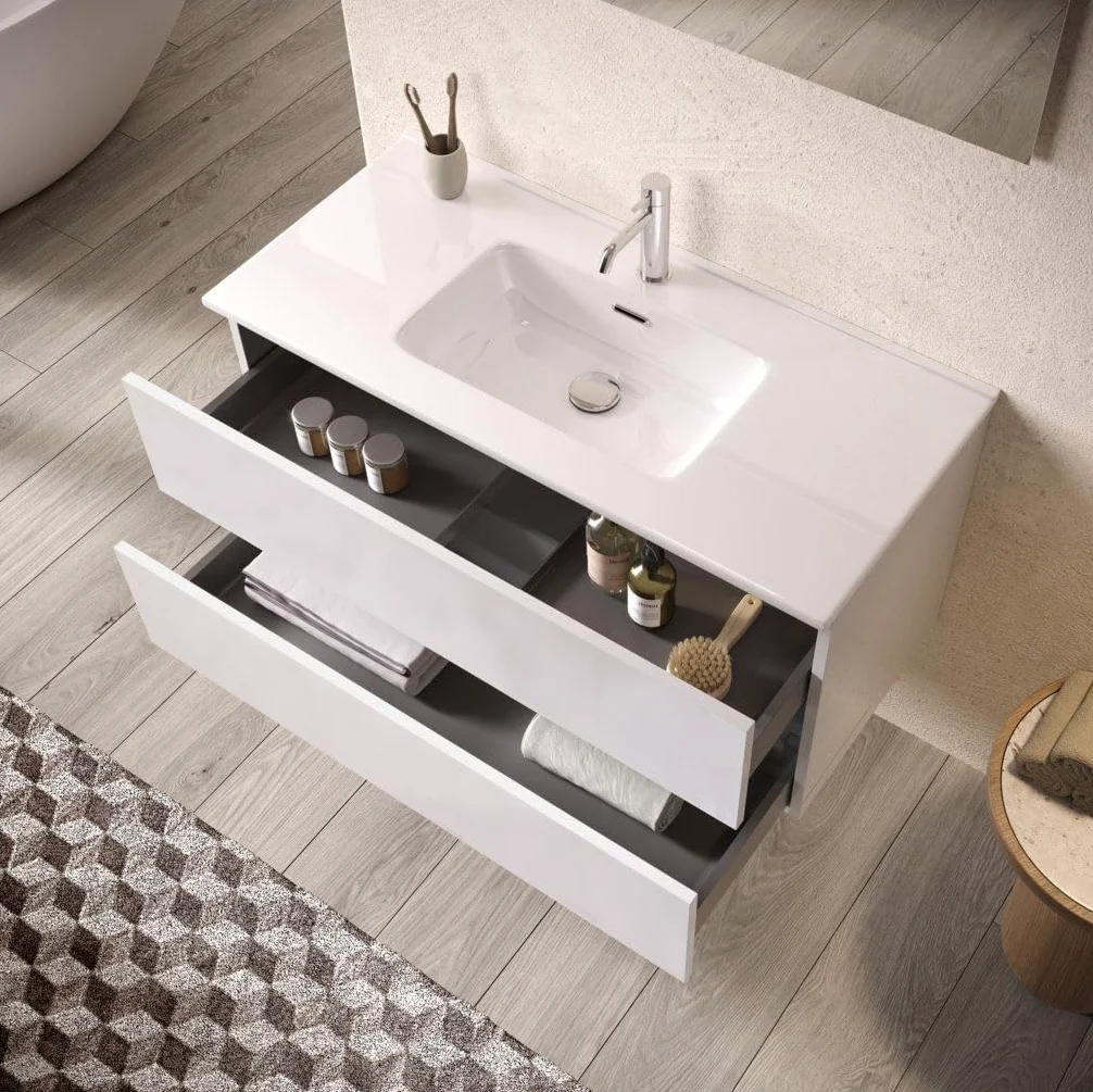 AQA DESIGN accessori casa composizione bagno, nr2 cassetti con scorrimento e chiusura soft close, maniglia a gola in melaminico, nr1 specchio - Bianco - 121x46,5x190 cm