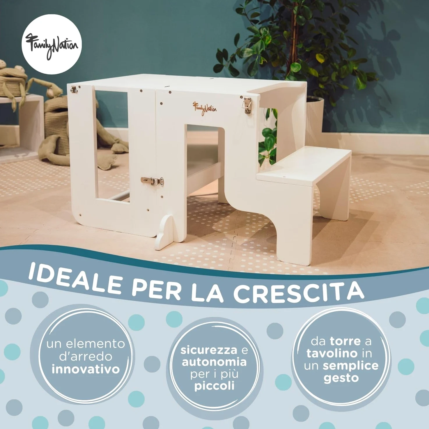 Family Nation, Torre Montessoriana 2 in 1, Convertibile in Tavolo e Sedia, per Bambini da 1 Anno di Età, Struttura in Legno con Supporto Extra, Bianca, 42x45x86 cm