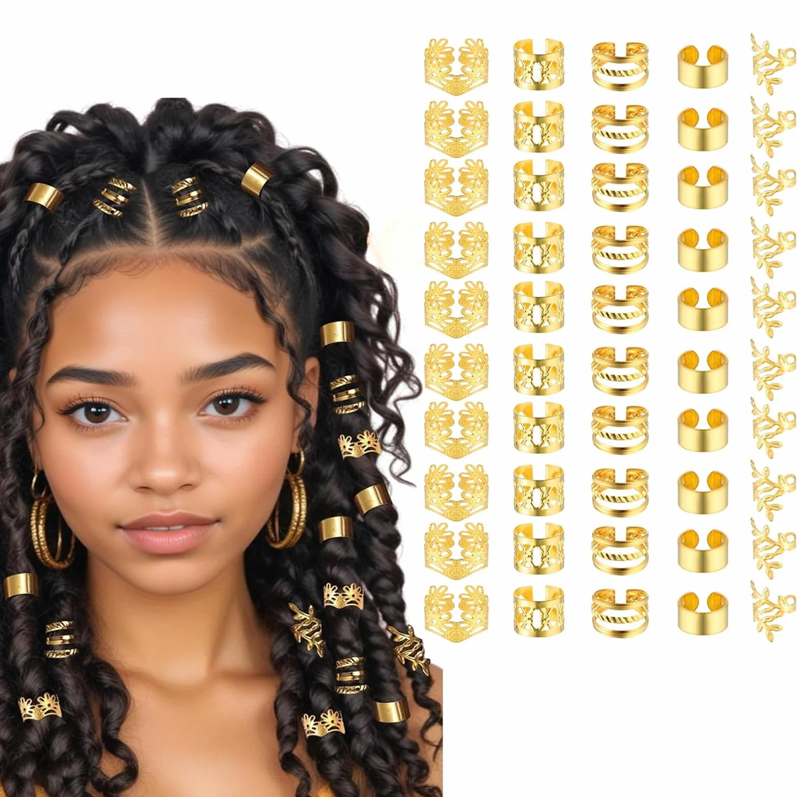 Confezione 50 accessori per dreadlocks gioielli per treccia anelli per capelli dorati