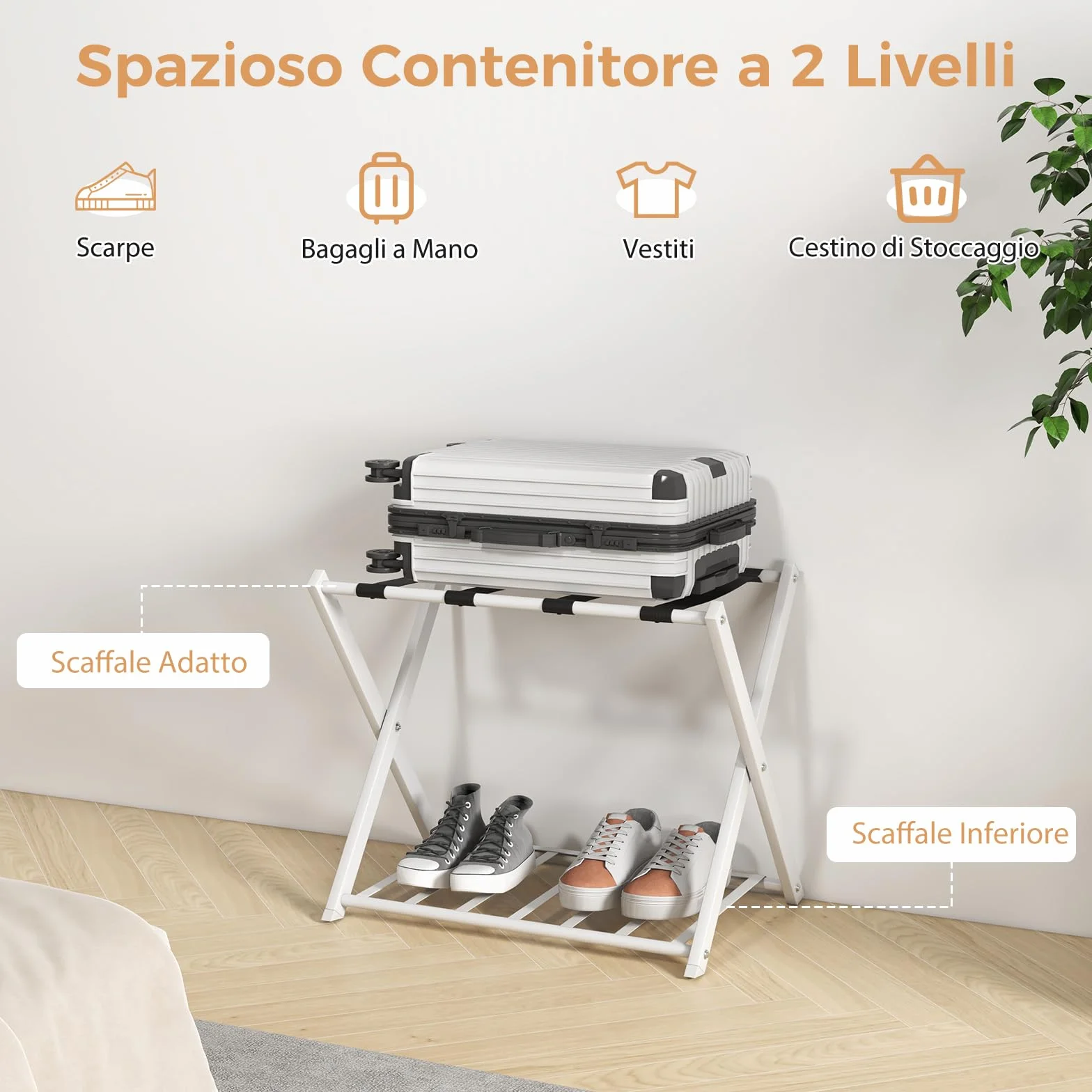 GYMAX Portavaligia da Hotel in Ferro 50 kg Pieghevole a 2 Ripiani 68x45x57 cm 2 Pezzi Bianco