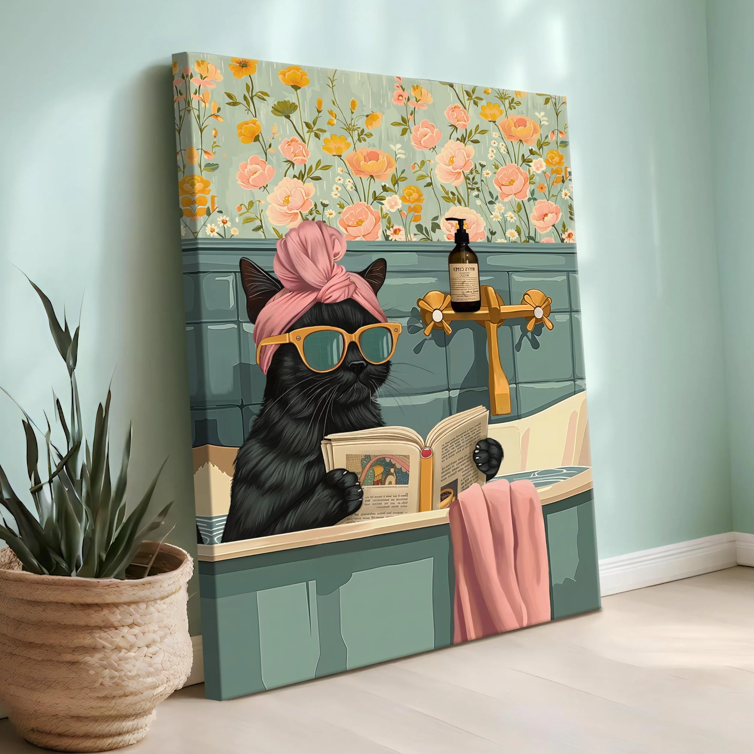 FajerminArt Divertente Bagno Stampe da Parete Gatto Nero Leggere Nella Vasca da Bagno Quadri Moderni Umorismo Animale Paesaggio Stampa su tela Quadro Pittura Poster Decor Bagno Camera da letto 40x60cm