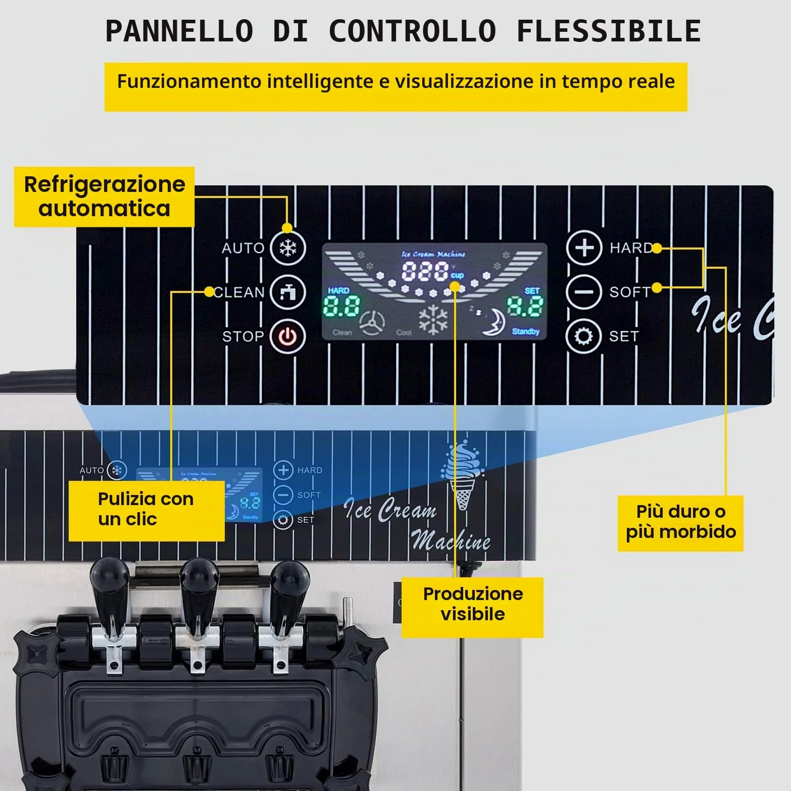 VEVOR Macchina per gelato commerciale da 5,3 a 7,4 galloni all'ora per servire morbido con display a LED Auto Clean 3 sapori perfetta per ristoranti snack bar, 2200 W, argento
