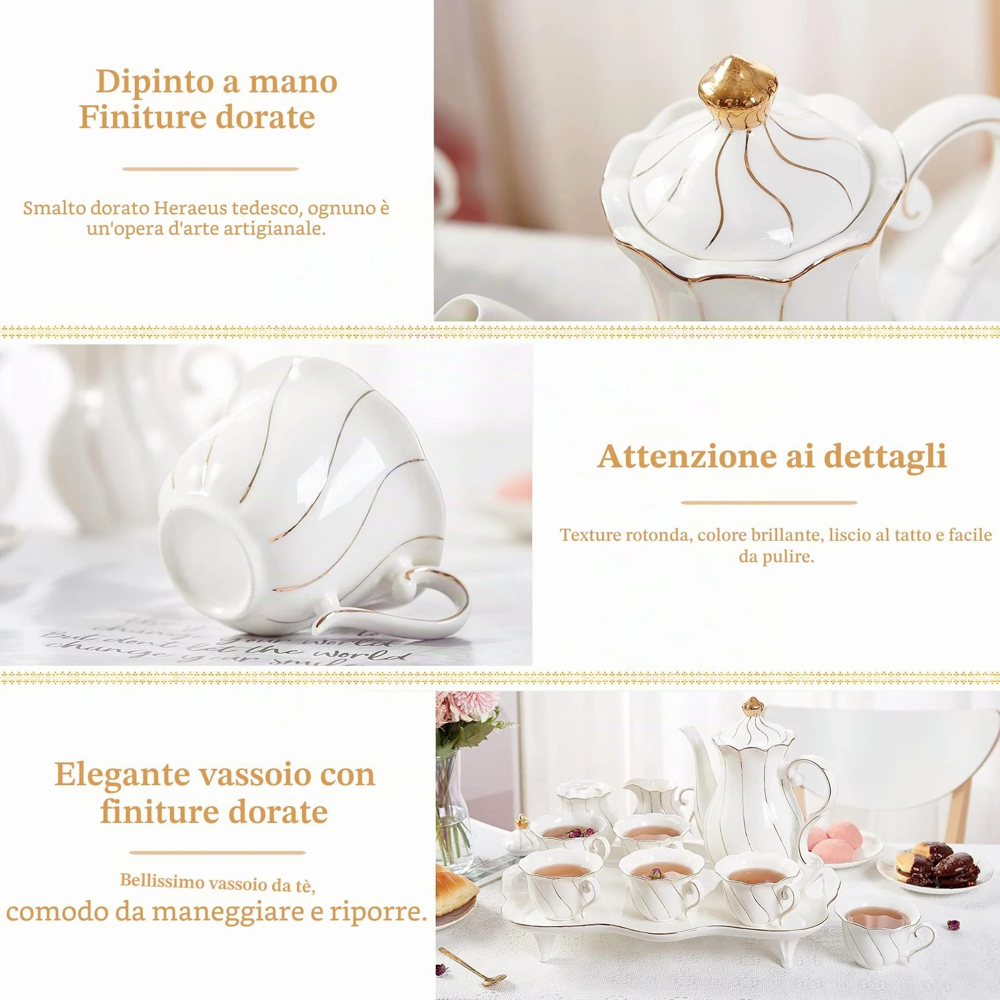 Set da Tè Britannico di Lusso 14 Pezzi Porcellana Bianco con Vassoio e Cucchiai