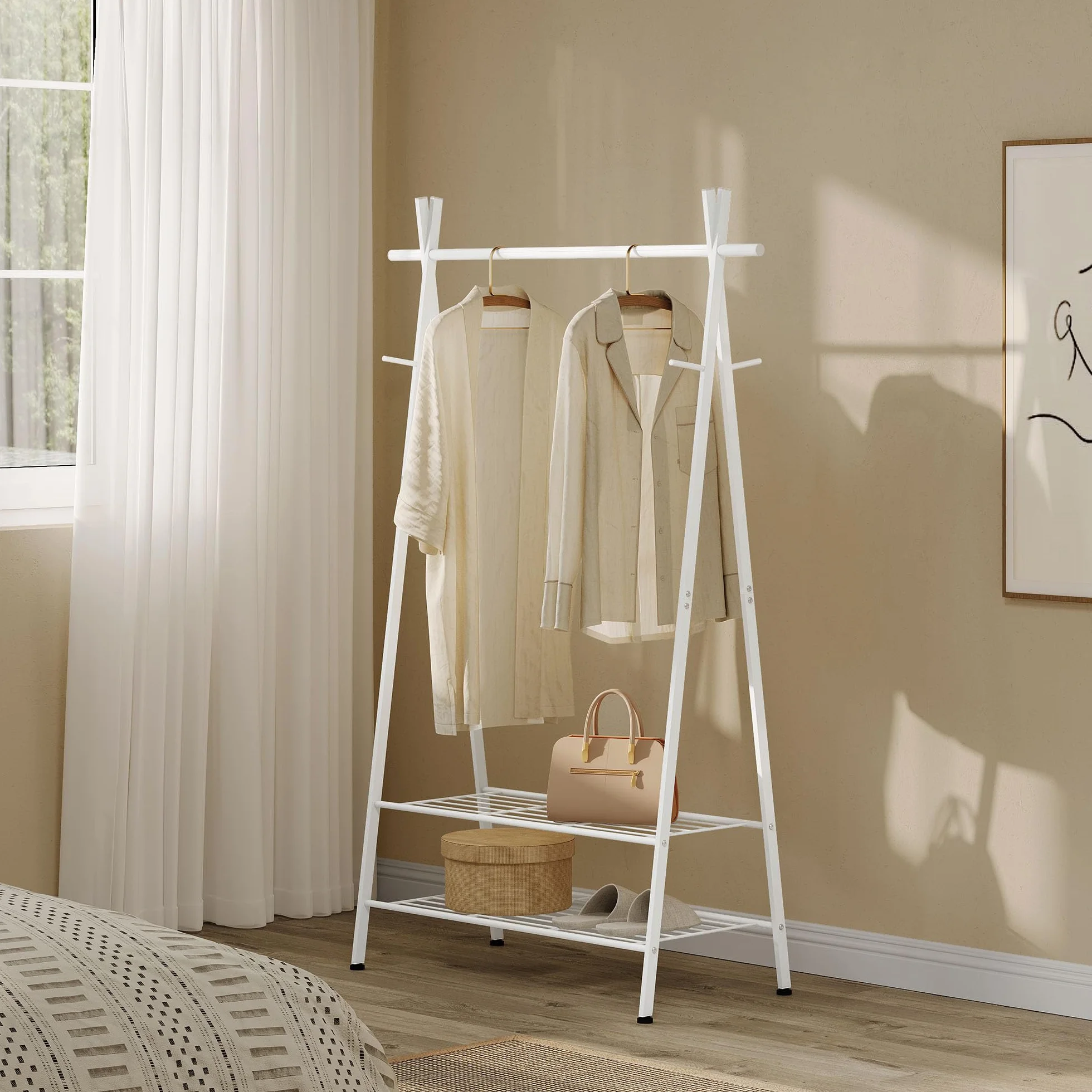 Stand Appendiabiti Moderno con Ganci e 2 Ripiani in Metallo, Bianco