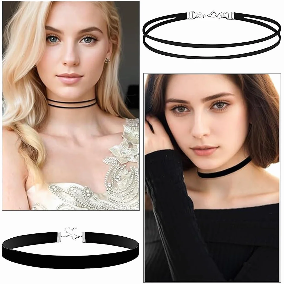 Collana Donna Nera Floccata Elegante in Velluto Girocollo 6 Pezzi