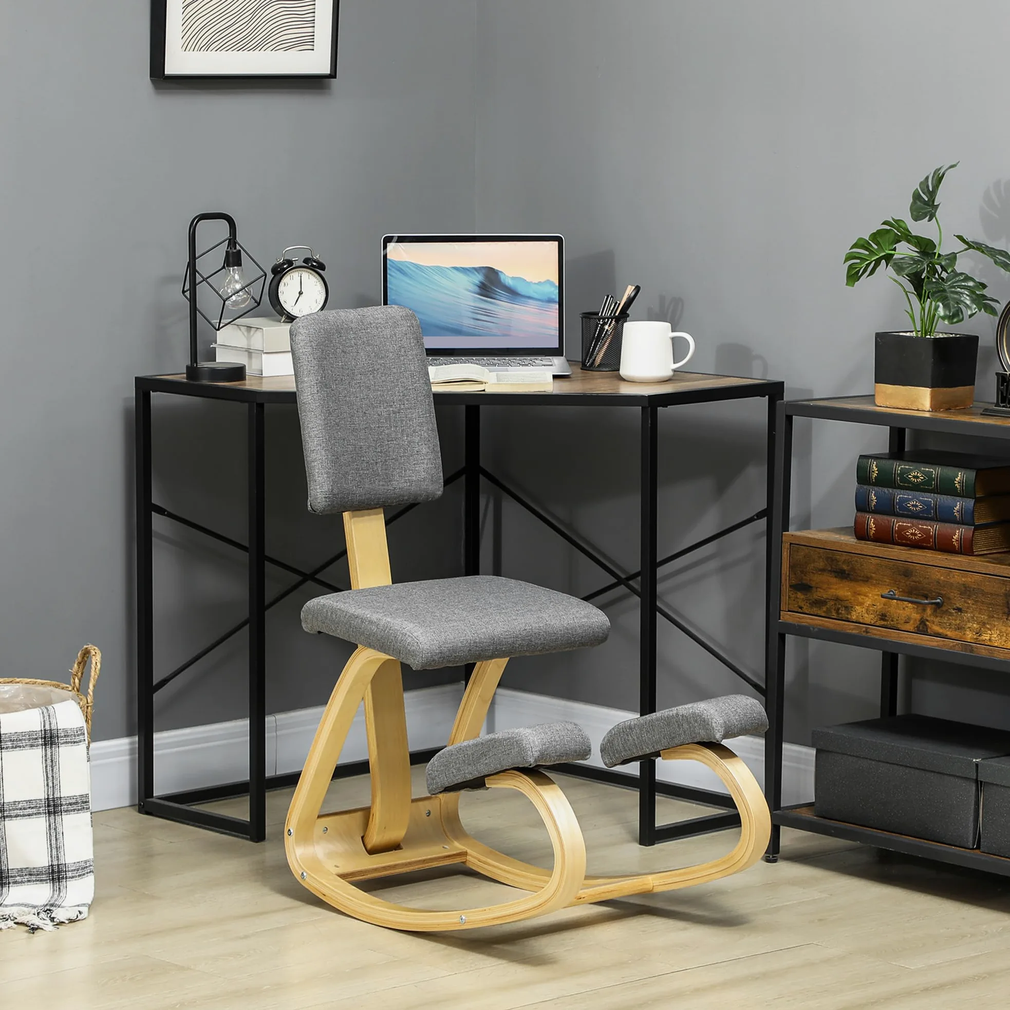 HOMCOM Sedia Ergonomica a Inginocchiatoio con Movimento a Dondolo, Sedia Ergonomica Imbottita Posturale in Tessuto Effetto Lino e Legno di Betulla, 51x84x93 cm, Grigio