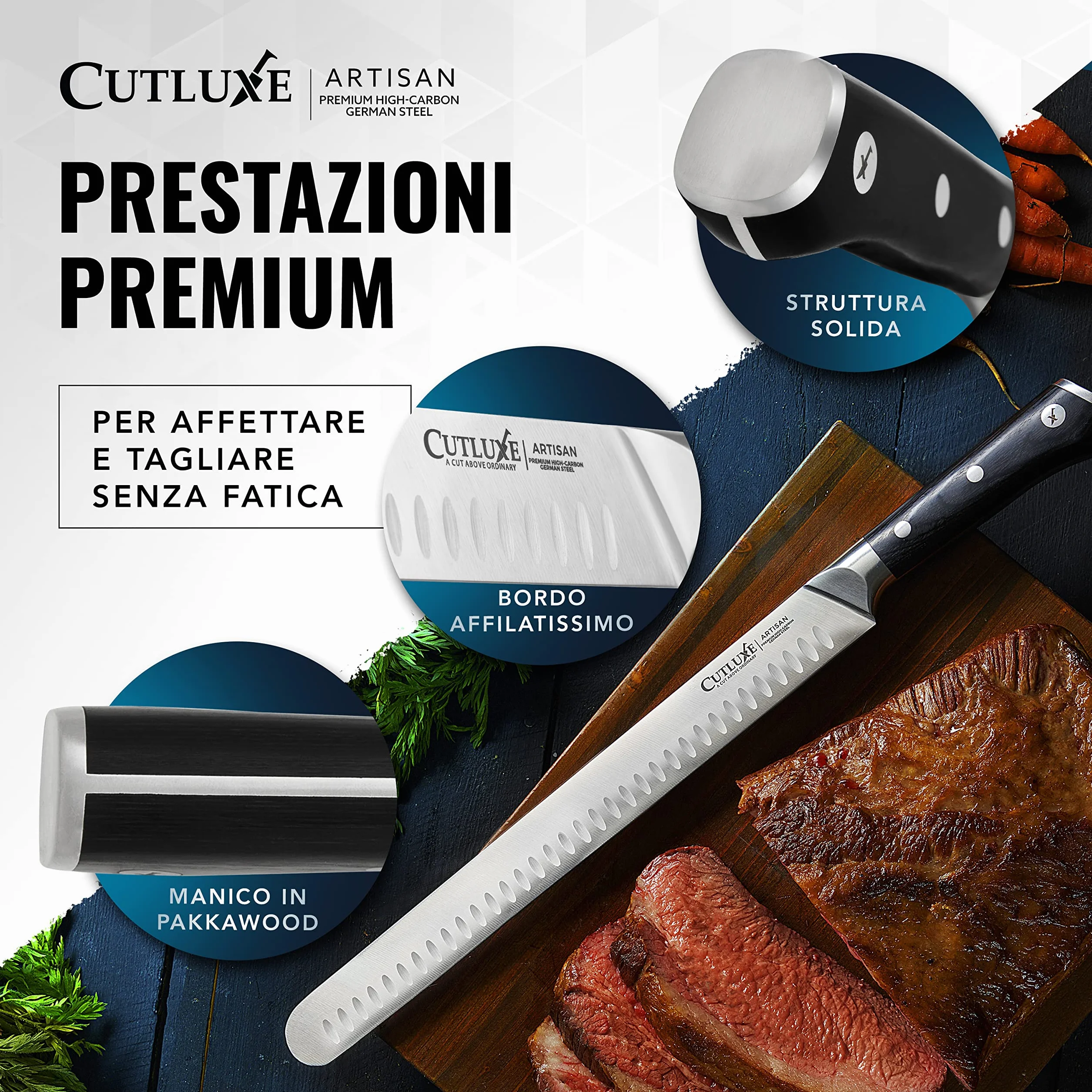 Cutluxe Coltello da Prosciutto Professionale - 30cm Coltello per Affettare Salumi e Carne - Acciaio al Carbonio, Lama Affilata e Resistente con fodero - Artisan Series