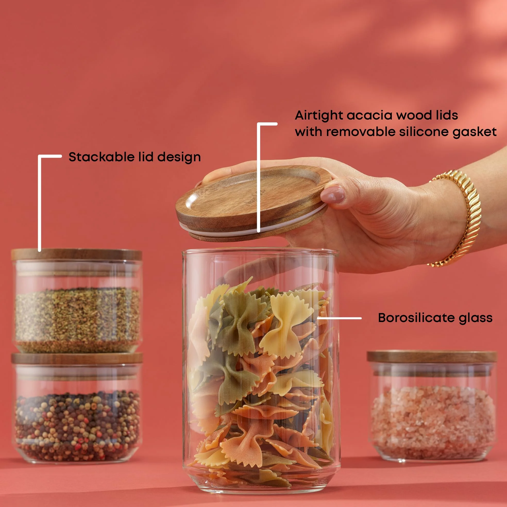 JoyJolt Holden - Set di 7 contenitori impilabili in vetro con coperchio, ermetici per alimenti, con coperchi in legno di acacia, contenitori rotondi impilabili e contenitori da cucina per pasta