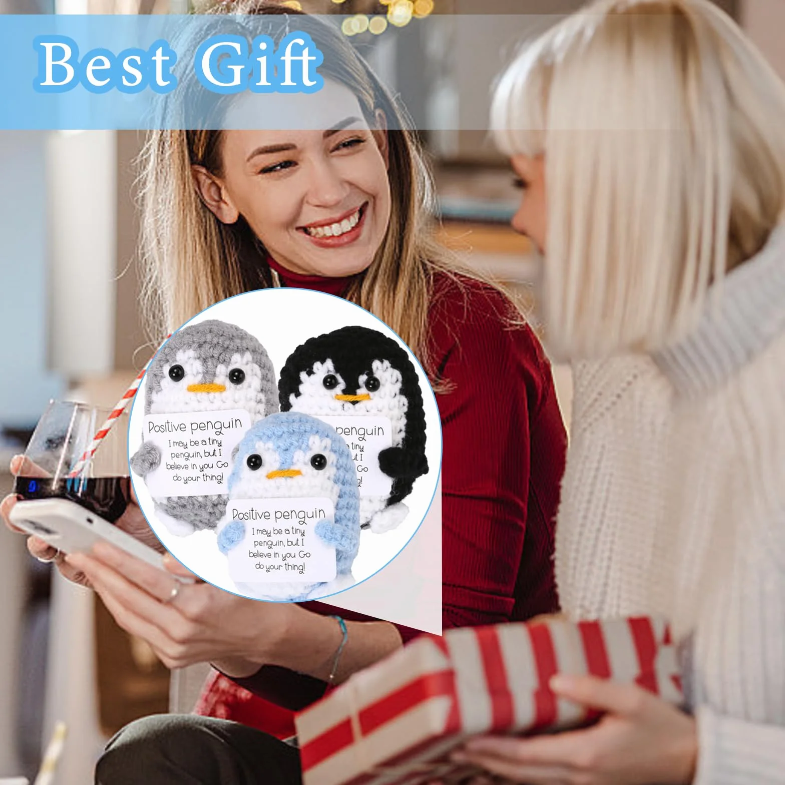 3 Pezzi Mini Divertente Pinguino Positivo, Bambola in Crochet di Supporto Emotivo, Giocattolo Pinguino con Carta Positiva per Incoraggiamento Famiglia Amici Decorazione Festa (2.56 Inch)