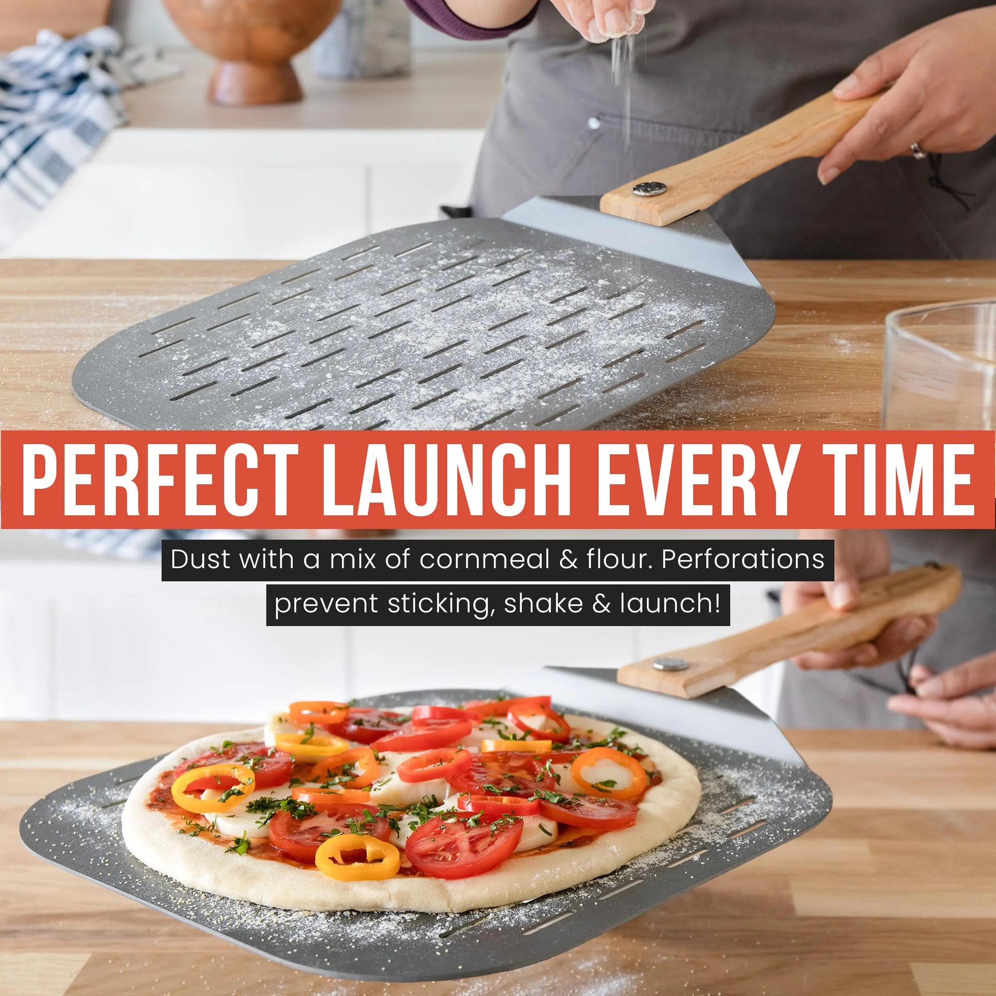 Pala per Pizza Forata in Alluminio con Manico Pieghevole 35,6 x 40,6 cm Chef Pomodoro