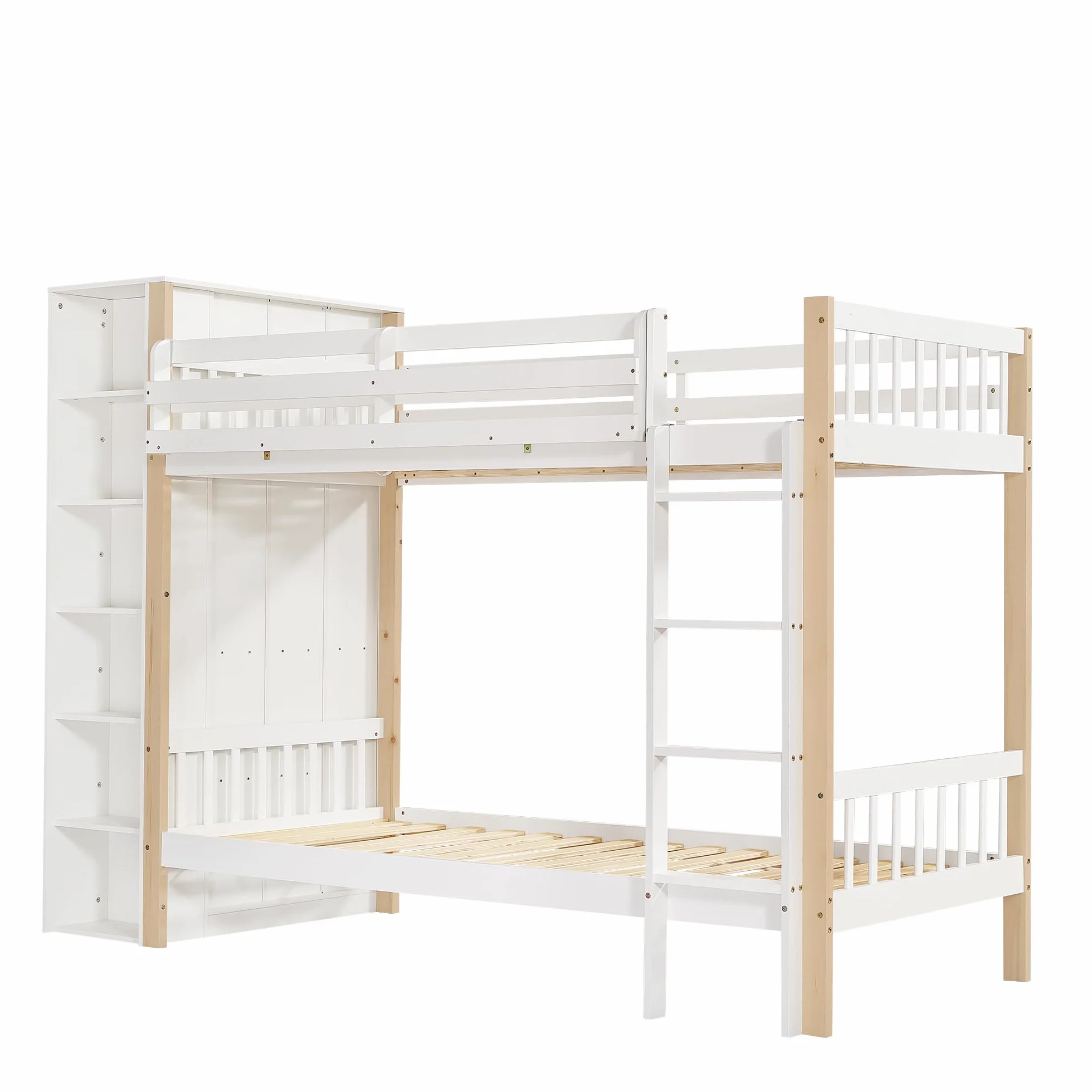 Idemon Letto a castello, Lettino per bambini con protezione laterale e griglia, con scala a 4 livelli, 6 ripiani aperti, armadio laterale, ampio spazio di archiviazione, pino+PB, bianco+naturale