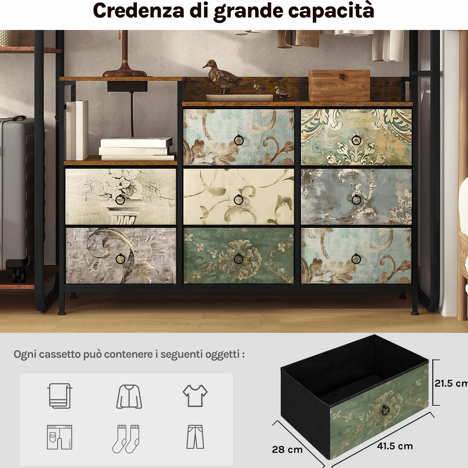 WOLTU Cassettiera a 8 Cassetti in Tessuto, Cassettiera per Camera da Letto, con Sezione di Ricarica e Ganci, Piani Legno e Struttura in Metallo, Marrone Rustico+Nero