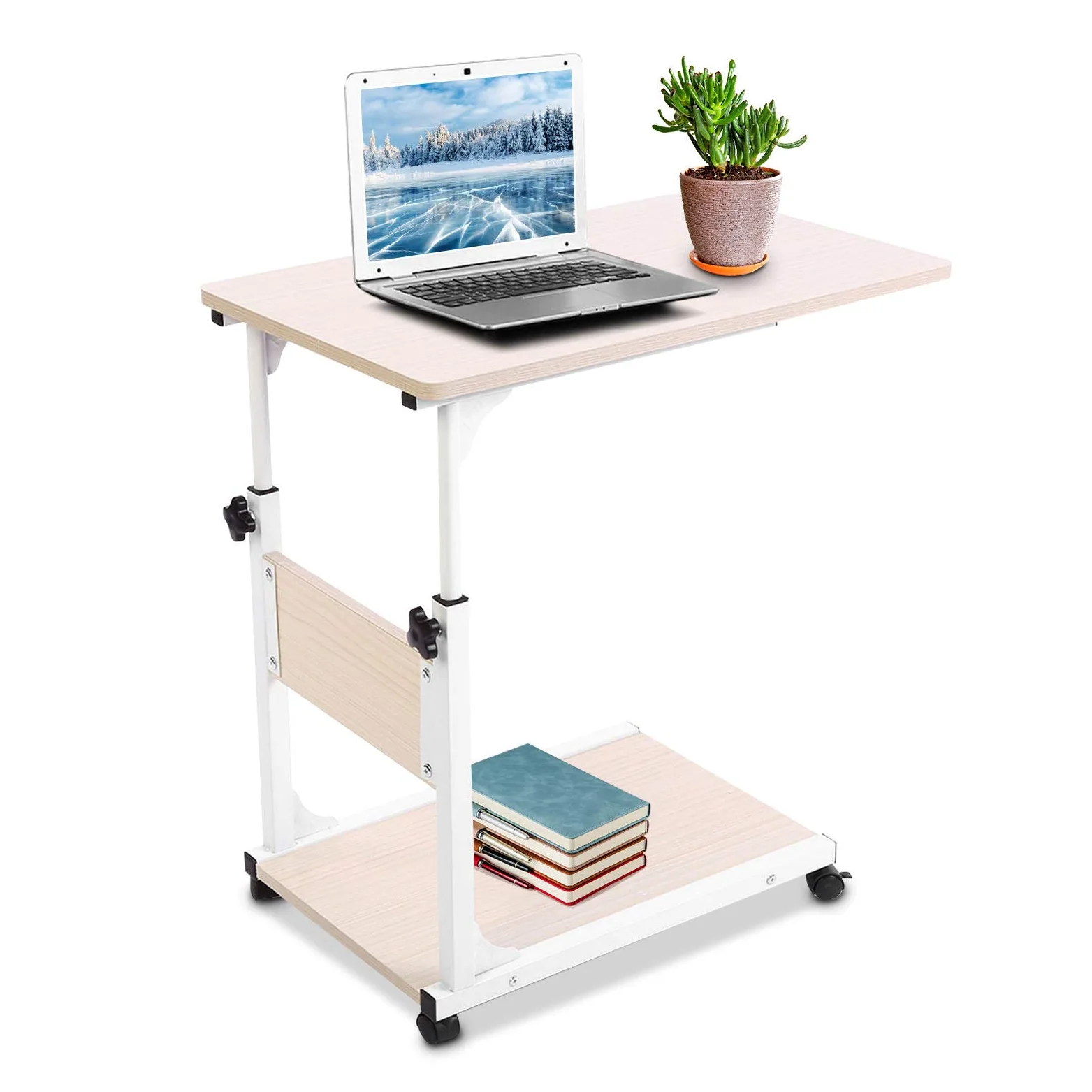 Ejoyous Tavolo Porta Laptop su Ruote, tavolino mobile per divano con divisorio di stoccaggio Comodino da caffè regolabile in altezza per soggiorno Camera da letto Ufficio ospedale(Acero bianco)