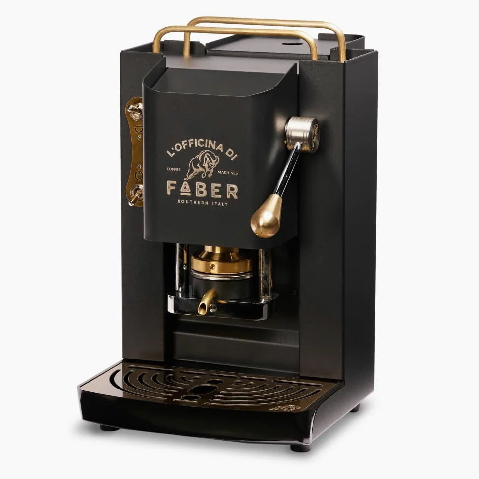 FABER COFFEE MACHINES | Modello Pro Deluxe | Macchina caffe a cialde ese 44mm | Rifiniture ottonato | Pressacialda in ottone regolabile | elettrovalvola di serie (MAT BLACK)