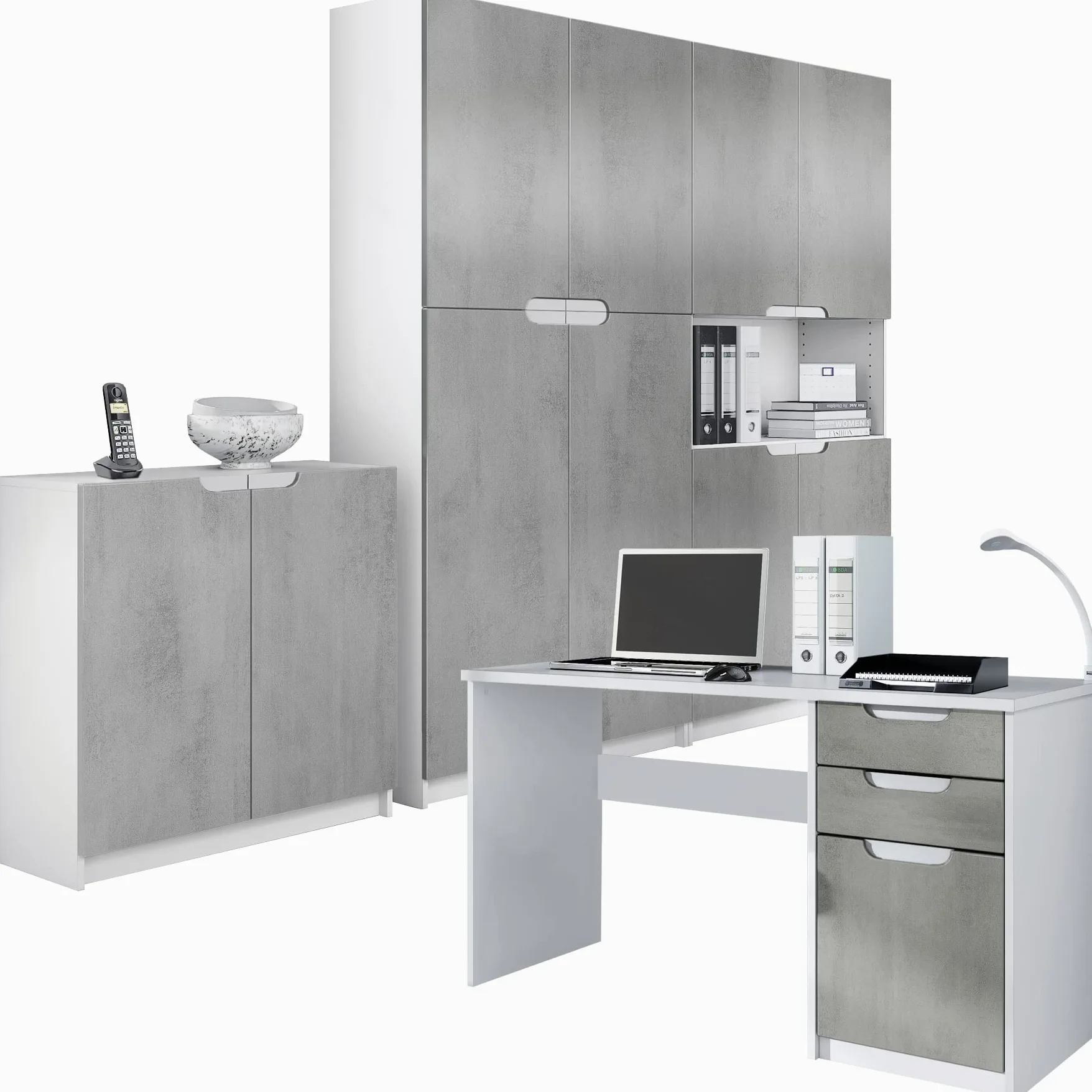 Vladon Set di mobili per Ufficio Armadio e scrivania Logan, Struttura in Bianco Opaco/Frontali in Ottica cermento ossido