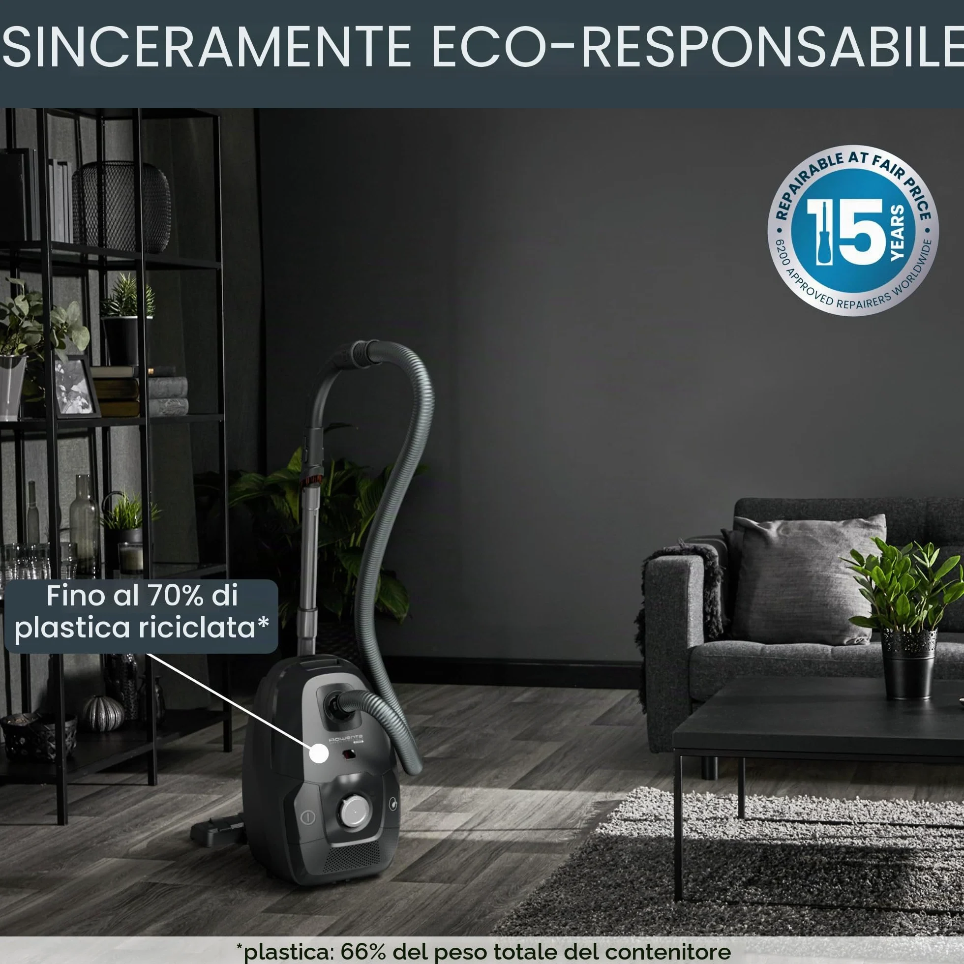 Rowenta RO6136 Green Force Max Silence, Aspirapolvere a Traino, 4,5 L, Motore Potente 900 W, 65 dB(A), Design Compatto, Aspirapolvere Silenzioso e Ecologico con Filtro Hepa e Allergy Kit