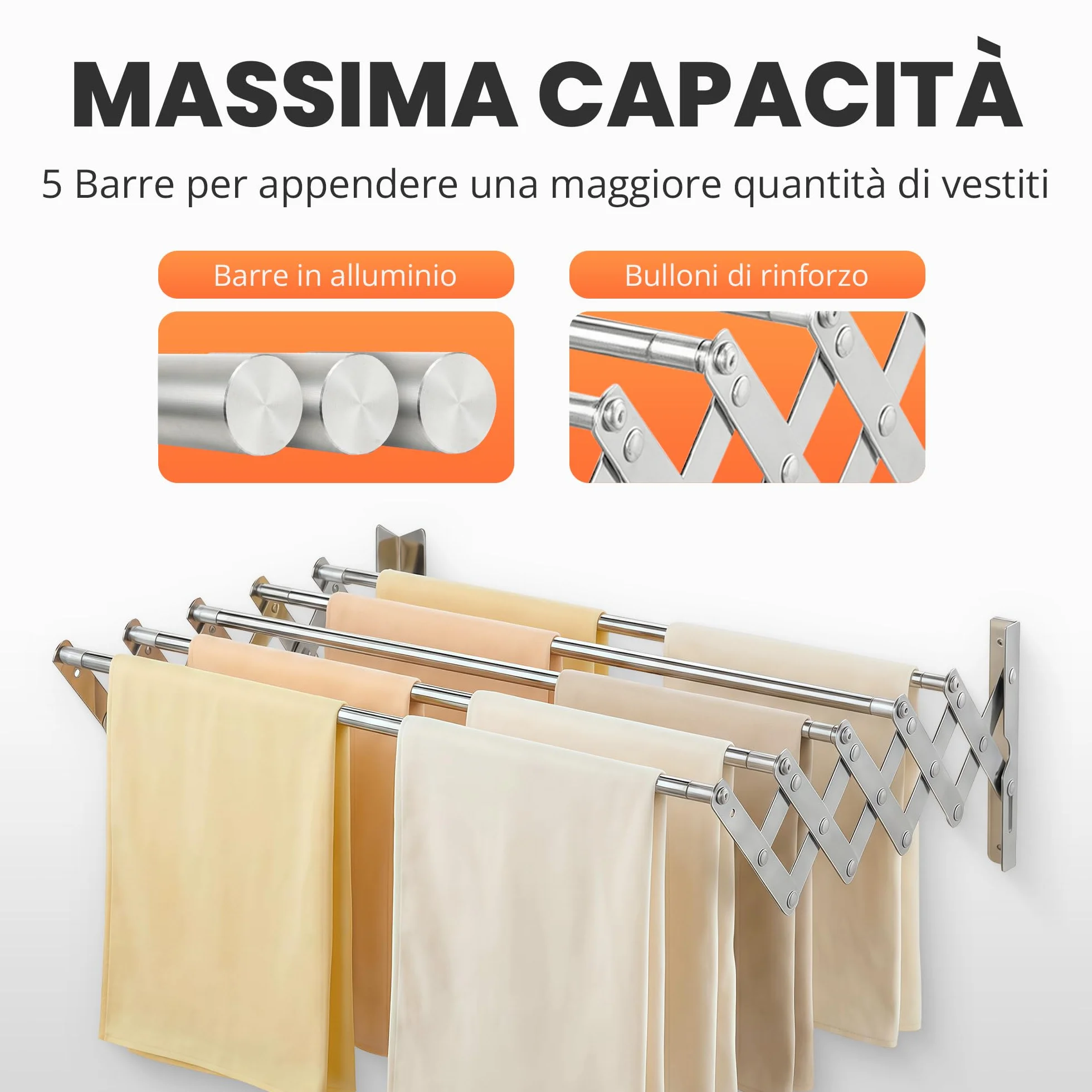 JUPPLIES Stendino da Parete Estensibile 120 cm – Stendibiancheria a Muro Richiudibile – 5 Barre Acciaio Inossidabile