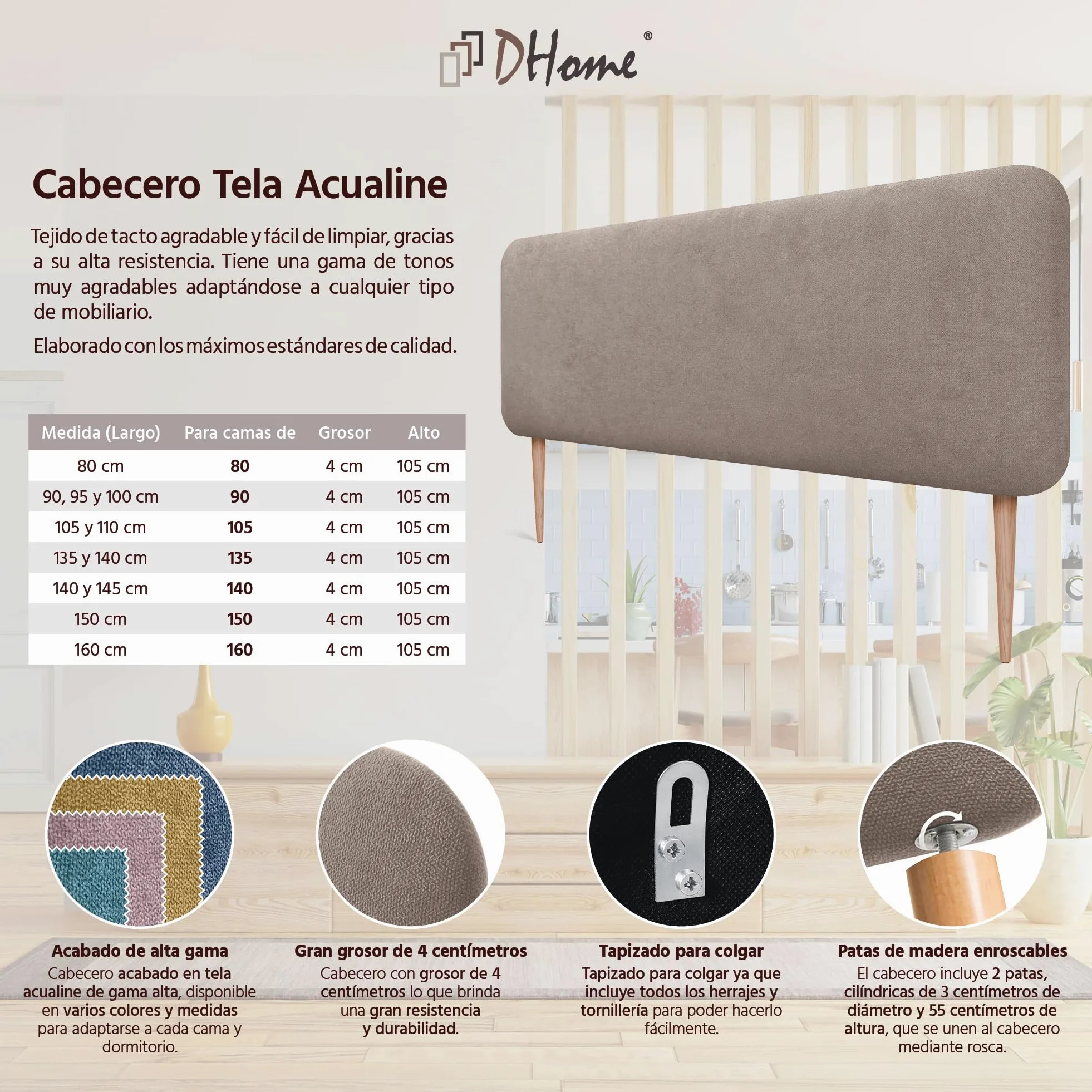 DHOME Testiera Imbottita Liscia Arrotondata in Tessuto Aqualine con Gambe per Parete Acustica Testate Letto Fonoassorbenti Camera da Letto (Terra, 160cm)