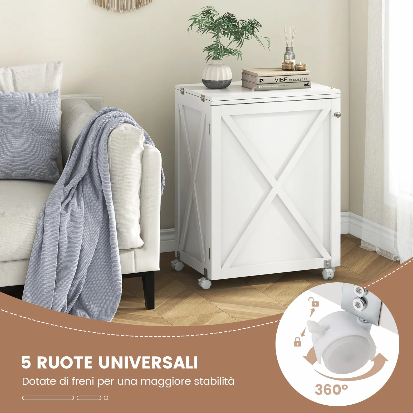 RELAX4LIFE Tavolo da Cucito Pieghevole, Armadietto per Cucito con 5 Ruote, Mensola, Ganci, Contenitori, Porta a Stalla, Mobiletto per Macchina da Cucire Salvaspazio per Soggiorno Casa (BIANCO)