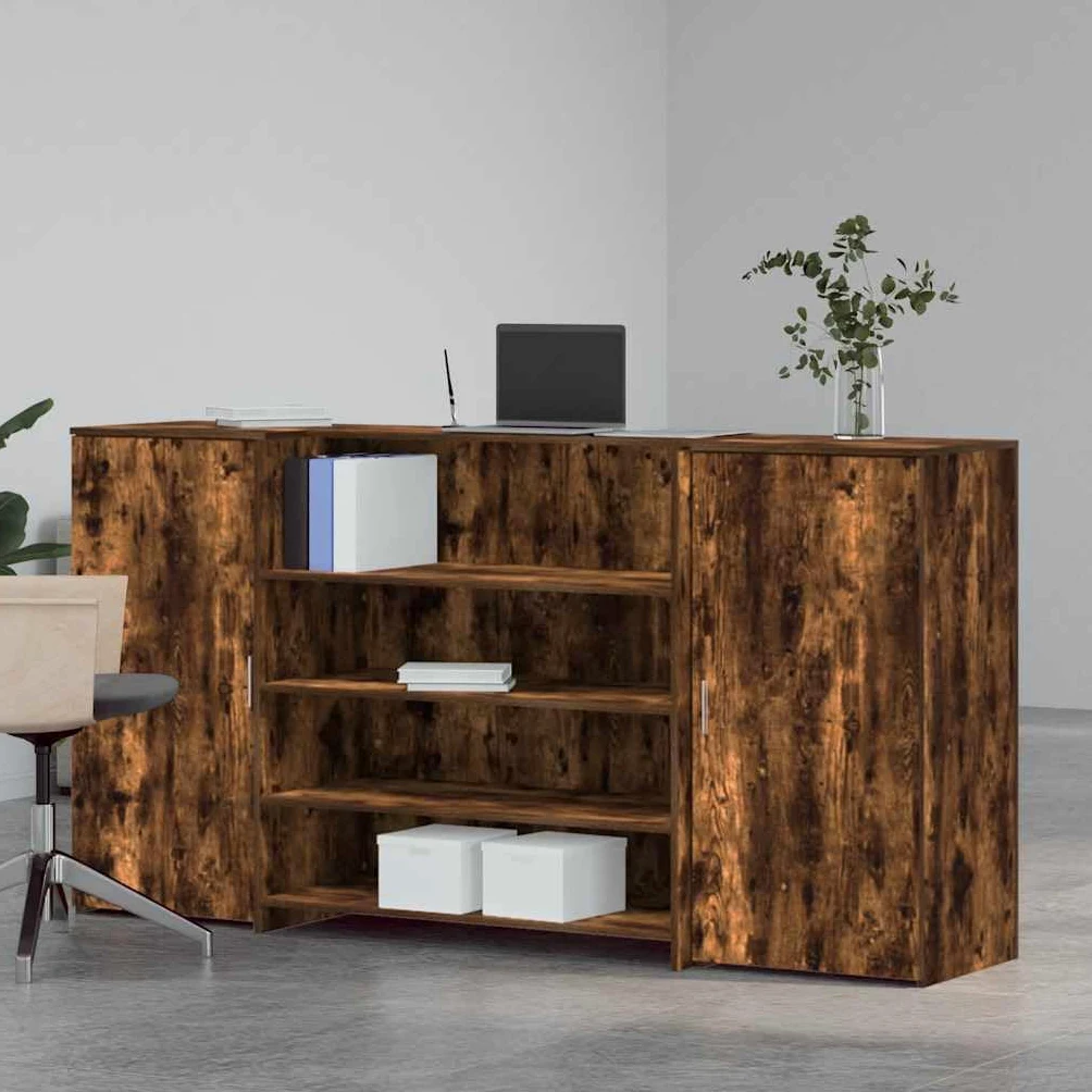 Bancone da ricevimento in rovere affumicato, 200 x 50 x 103,5 cm, bancone per ricevimento in legno con bancone e armadietto, bancone modulare, per ufficio, studio e studio