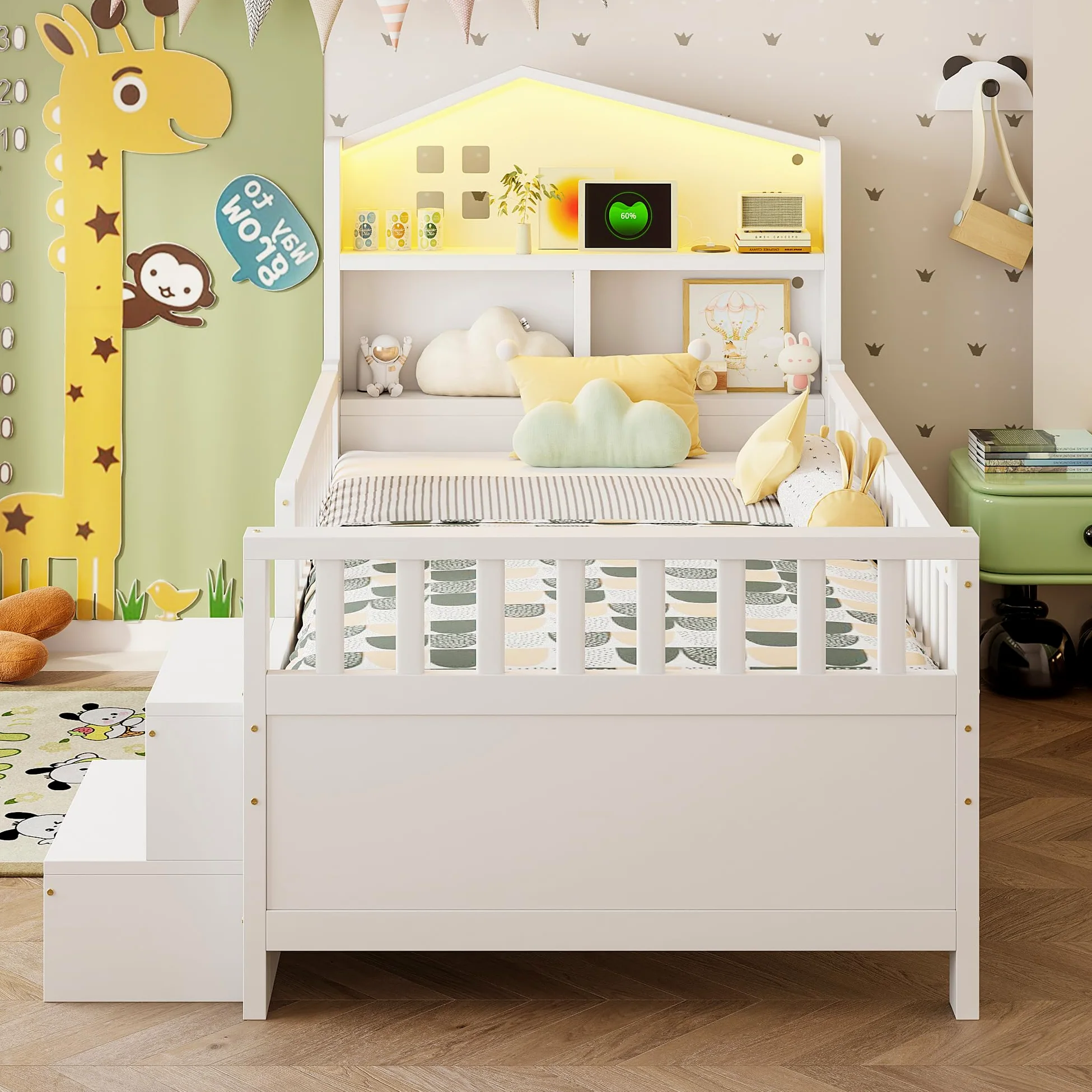 Soweiz Letto per bambini 90x200 cm, letto singolo con sponda di sicurezza, con quattro cassetti, con gradini, letto in legno massiccio con rete a doghe (bianco)
