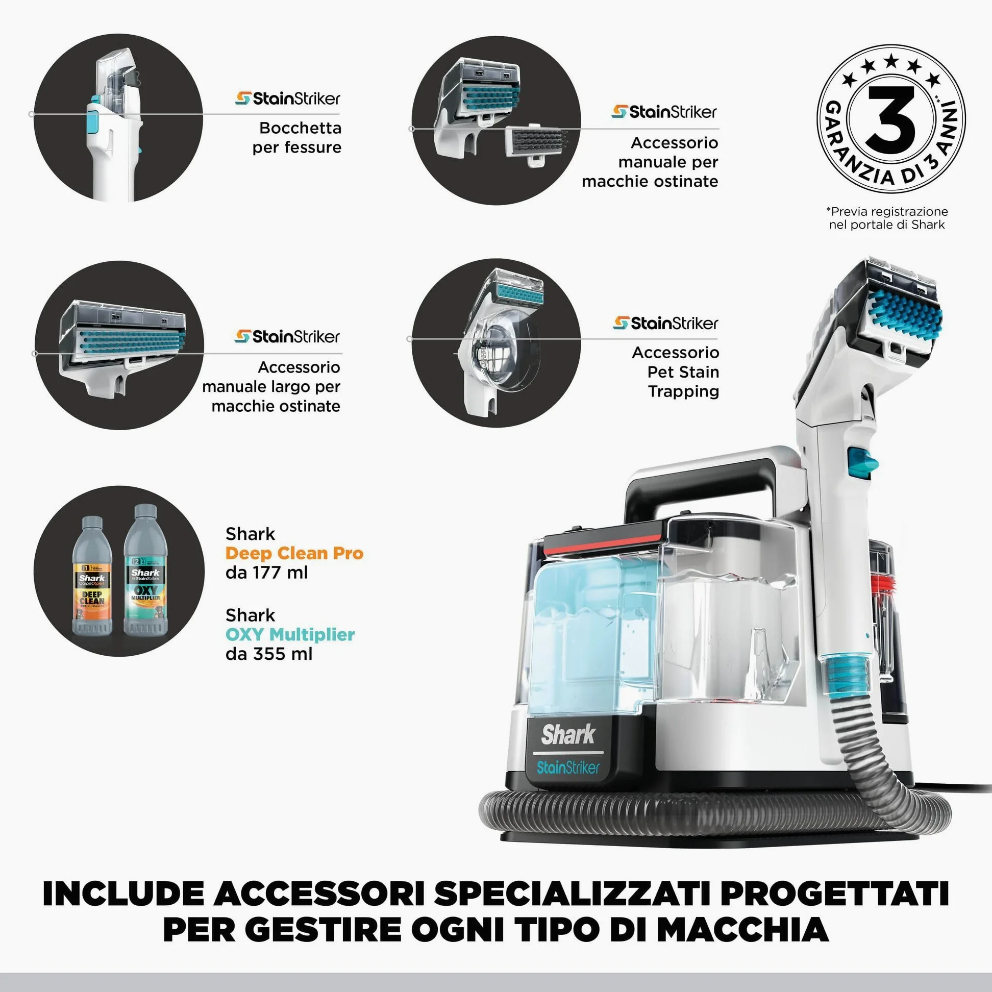 Shark StainStriker Pulitore Tappezzeria e Smacchiatore, 5 Accessori, Animali Domestici, Fessure e Tubo Flessibile, 2 Detergenti, Rimuove le Macchie, Odore e Sporco, Leggero, Portatile, 450W PX200EUT.