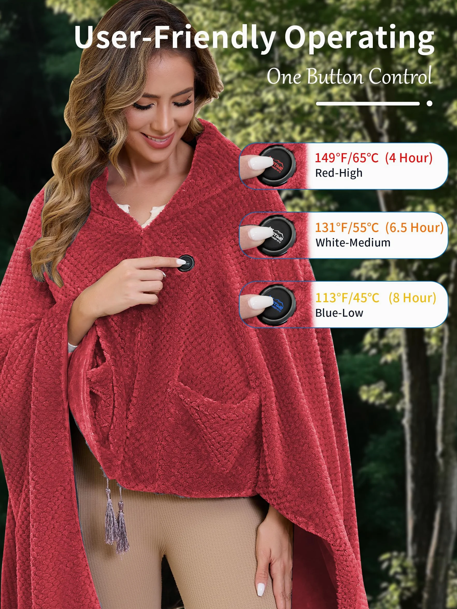 Coperta Riscaldante Elettrica con 20000 mAh Batteria senza fili, Coperta Indossabile Termica Elettrica con 4 Zone di Riscaldamento e 3 Livelli di Temperatura (Rosso, 100 x 150 cm)