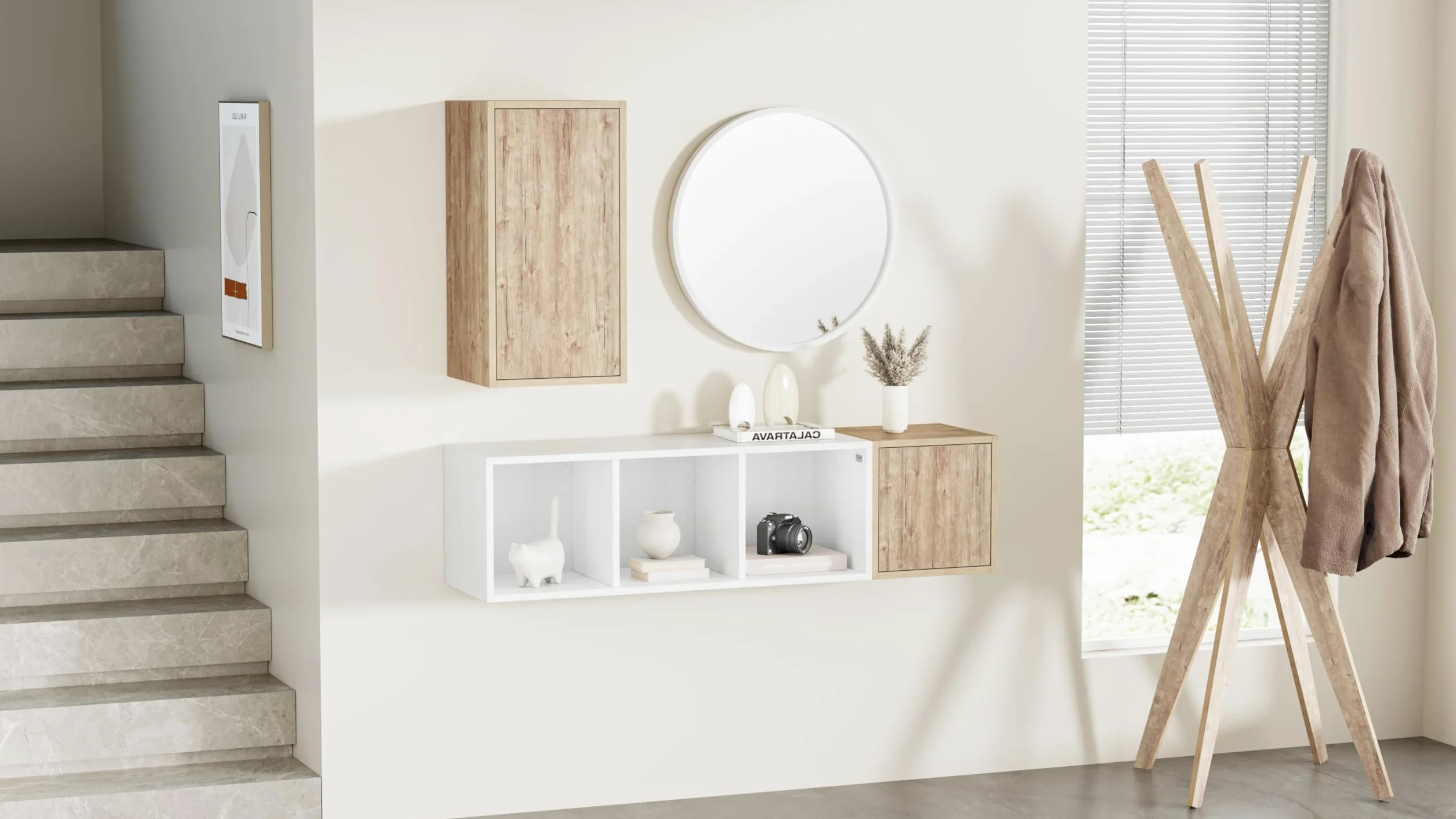 Mobili Fiver, Appendiabiti da terra di Design, Emma, Olmo perla, Appendiabiti moderno per Camera, Corridoio, Ingresso, Made in Italy