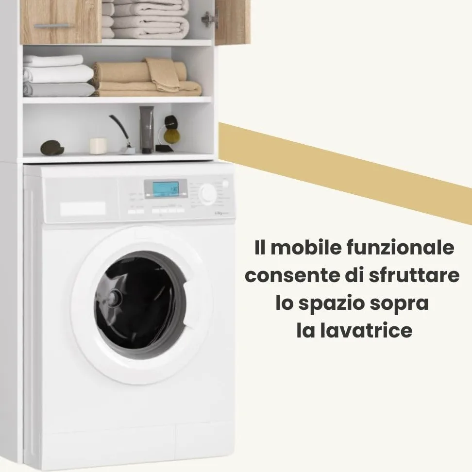 AKORD | Armadio Pensile per Lavatrice | Armadio di trasformazione con 2 ante, 2 Ripiani Aperti | Archivio per bagno | Cassettiera per lavatrice | 64x180x30 cm | Peso 30 kg | Bianco/Rovere Sonoma