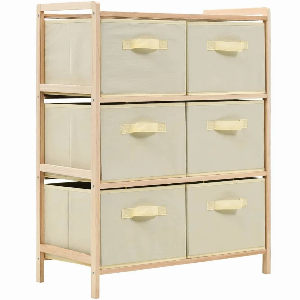Cassettiera in legno di cedro con 6 cestini in tessuto, beige, 59 x 28 x 75 cm, armadio portaoggetti per ufficio, soggiorno, corridoio, organizer con scomparti e cassetti