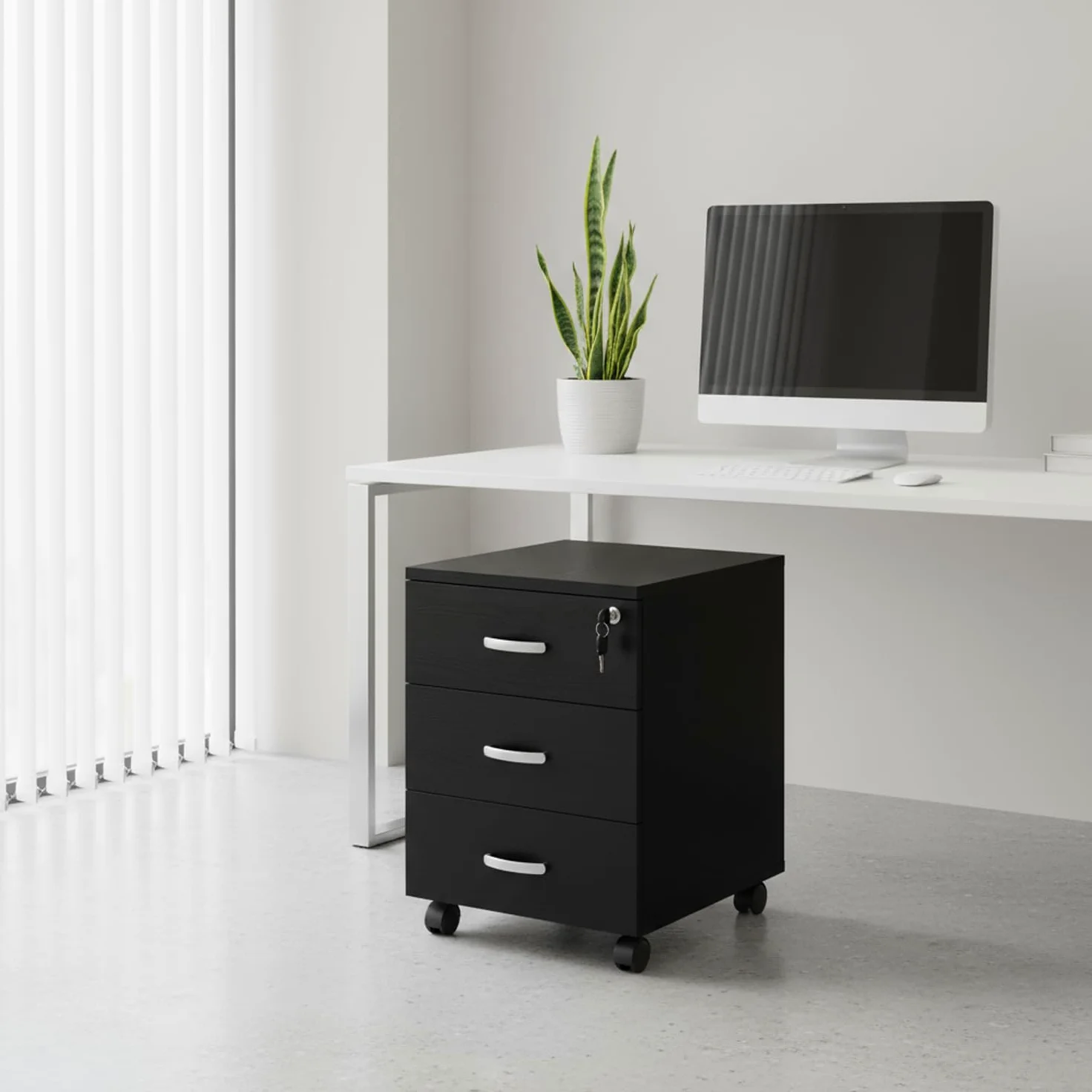 Marvin Cassettiera Ufficio In Legno Chiave Sicurezza Con Ruote Per Scrivania Tavolo 3 Cassetti Ripiani (Nero)