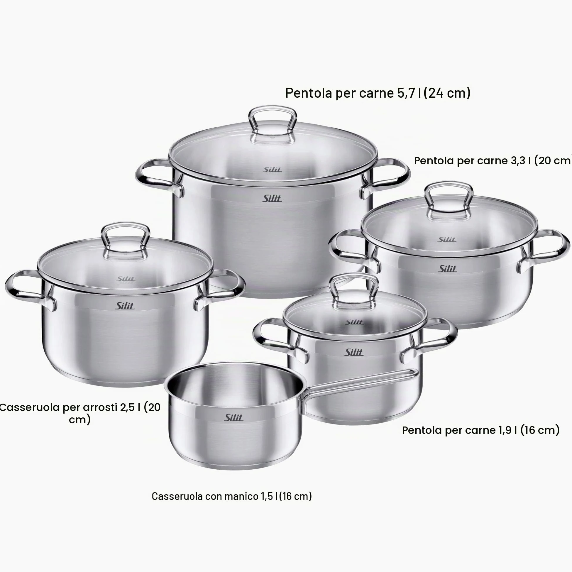 Silit Toskana 0021.6843.11 Set 5 pentole in acciaio INOX