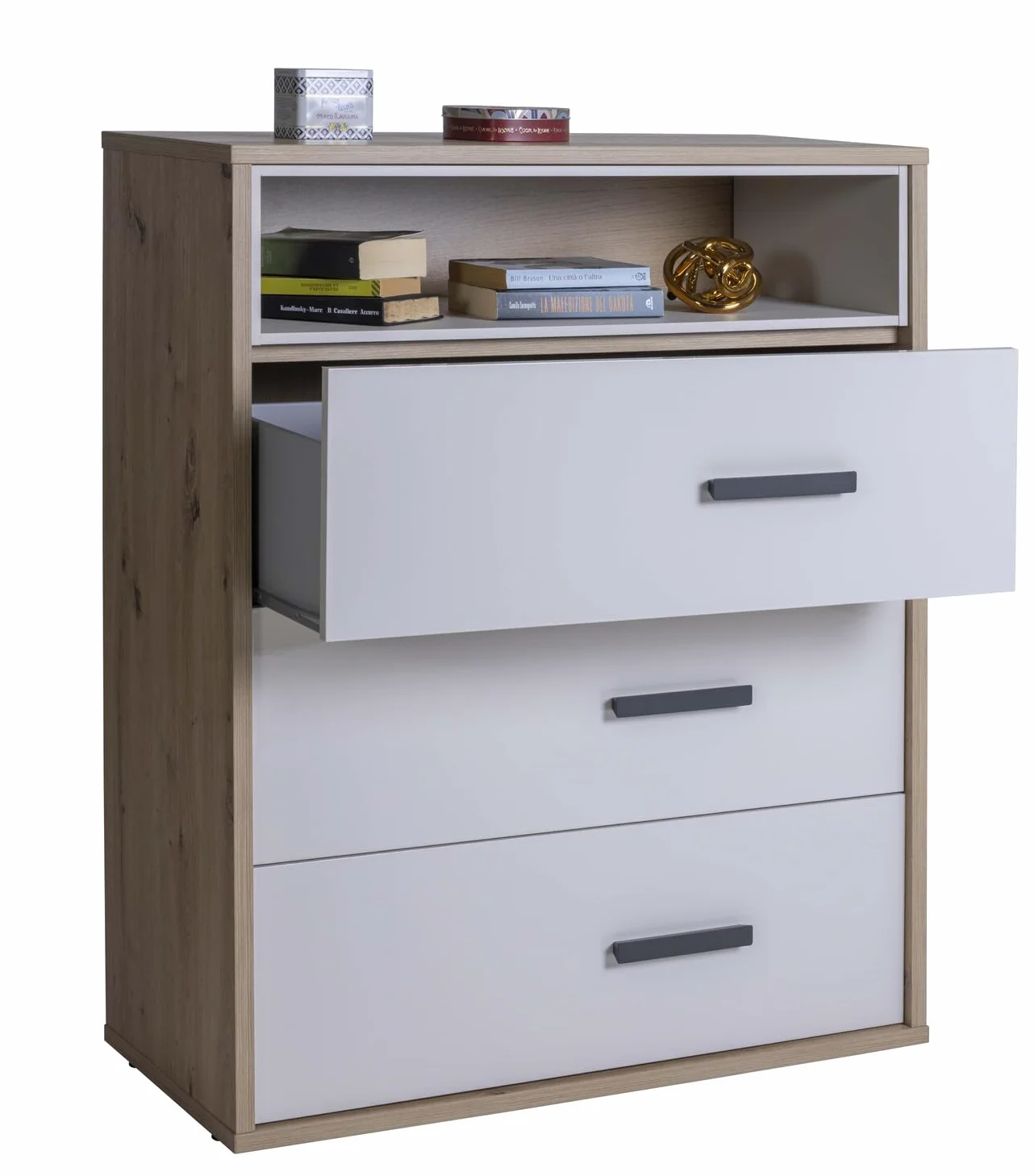 Composad | Cassettiera della Linea MIPIACE con 3 Cassetti per Cameretta, Mobile Contenitore per Bambini e Ragazzi, (LxAxP):89,3x112,1x40,5 cm, Rovere Mielato e Grigio Cashmere Laccato, Made In Italy