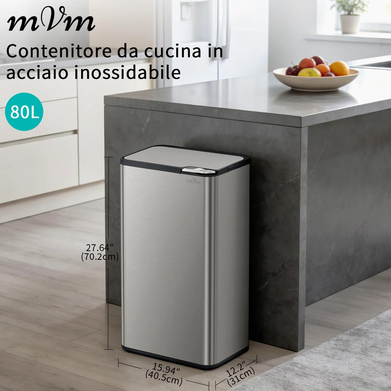 mVm Pattumiera da Cucina a Pressione Manuale 80 L, Cestino della Spazzatura Nero in Acciaio Inossidabile Antimpronte, Chiusura Ammortizzata