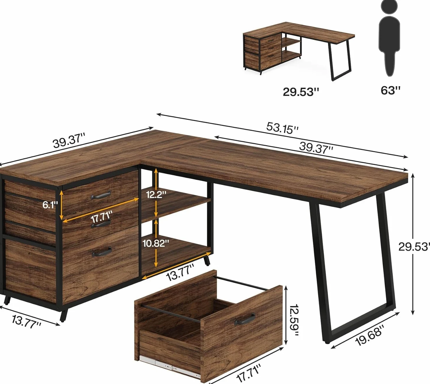 Lailang 134cm Scrivania, Tavolo Angolare, Scrivania Con Cassetti, Scrivania In Legno, Scrivania Studio Casa, Scrittoio Vintage, 134 x 50 x 74 cm, Marrone Rustico Nero
