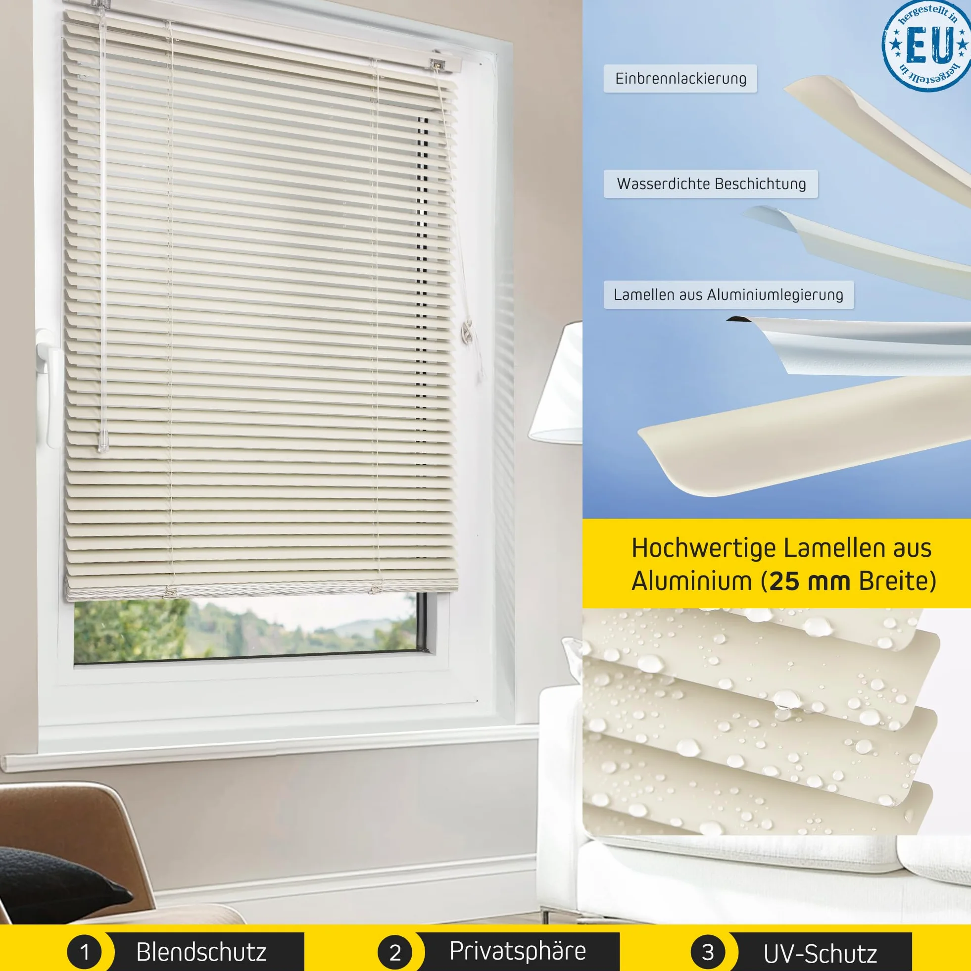 Jalousiescout Tenda veneziana senza luce Tenda in alluminio, tenda oscurante, innovativa tecnologia oscurante, protezione della privacy, senza foratura, 145 x 200 cm, beige opaco