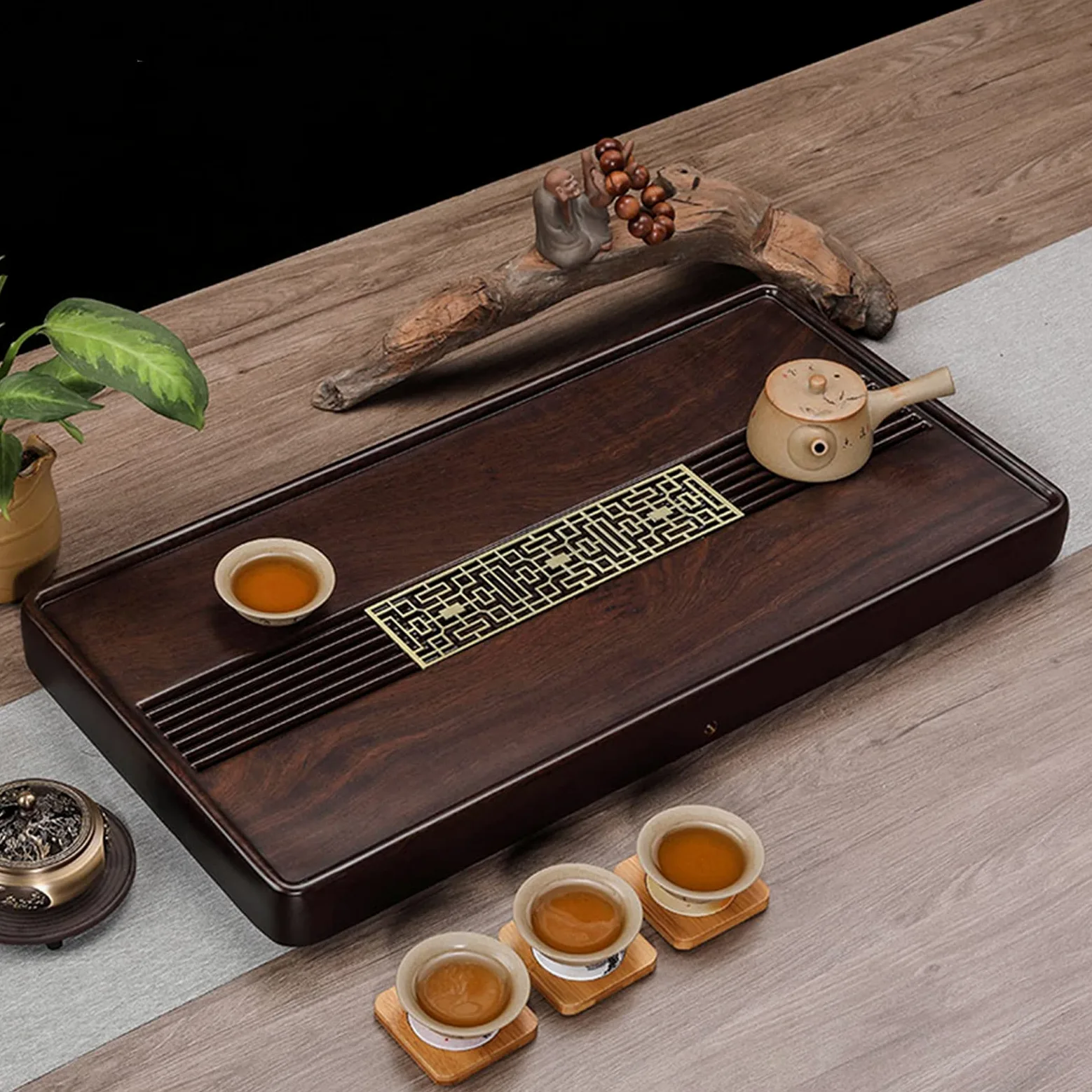 Reservoir Type Tea Tray, Chinese Gongfu Tea Tray with Water Storage, Oolong Tea Tray Cup Platter with Drain Hole, for Living Room, Tea Room, Office (60 * 30 * 4.5cm)