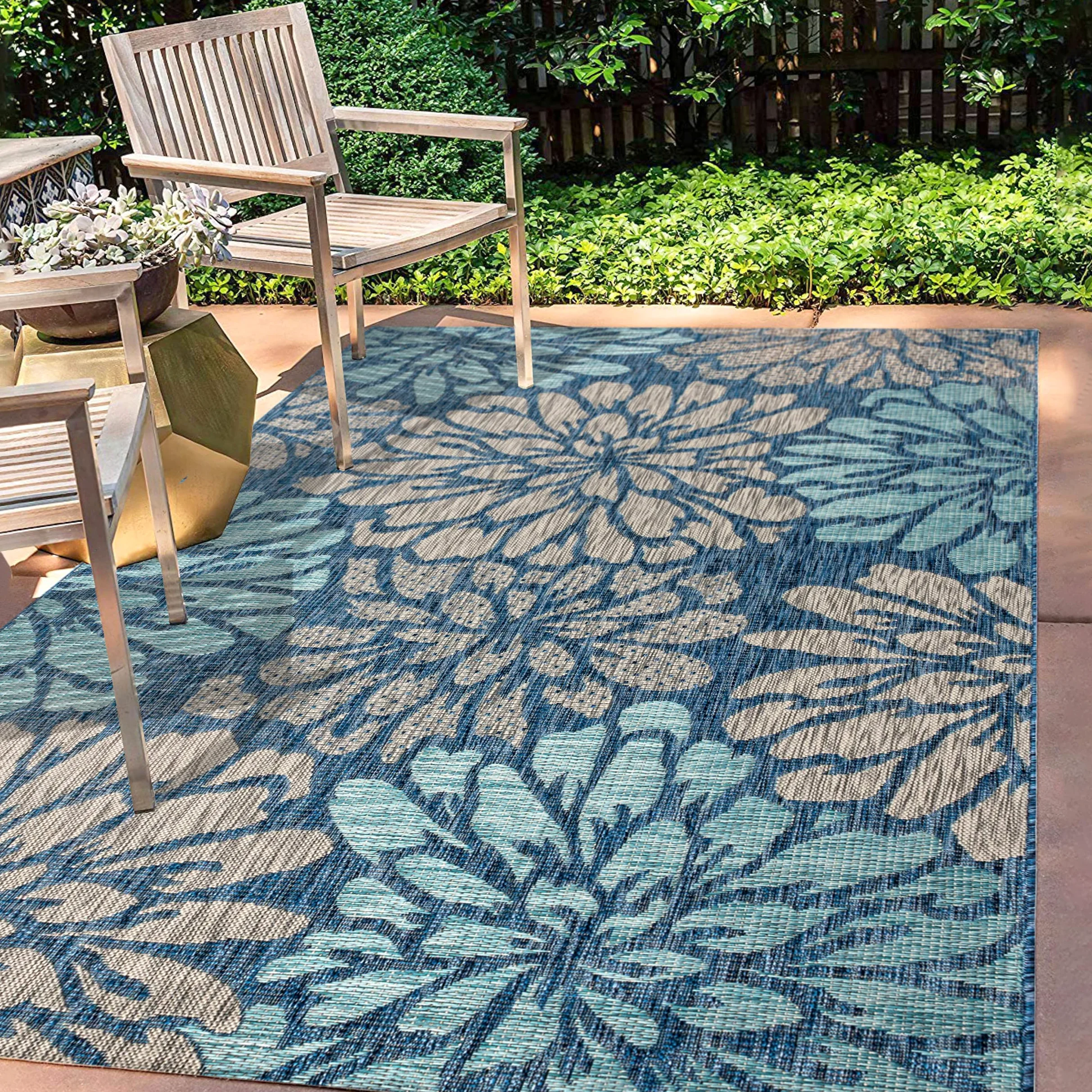 JONATHAN Y SMB110C-8 Zinnia moderno moderno tessitura floreale tessitura di area esterna interna, bohémien, costiero, mediterraneo, cortile, patio, non spargimento, blu navy/aqua, 240 cm X 300 cm