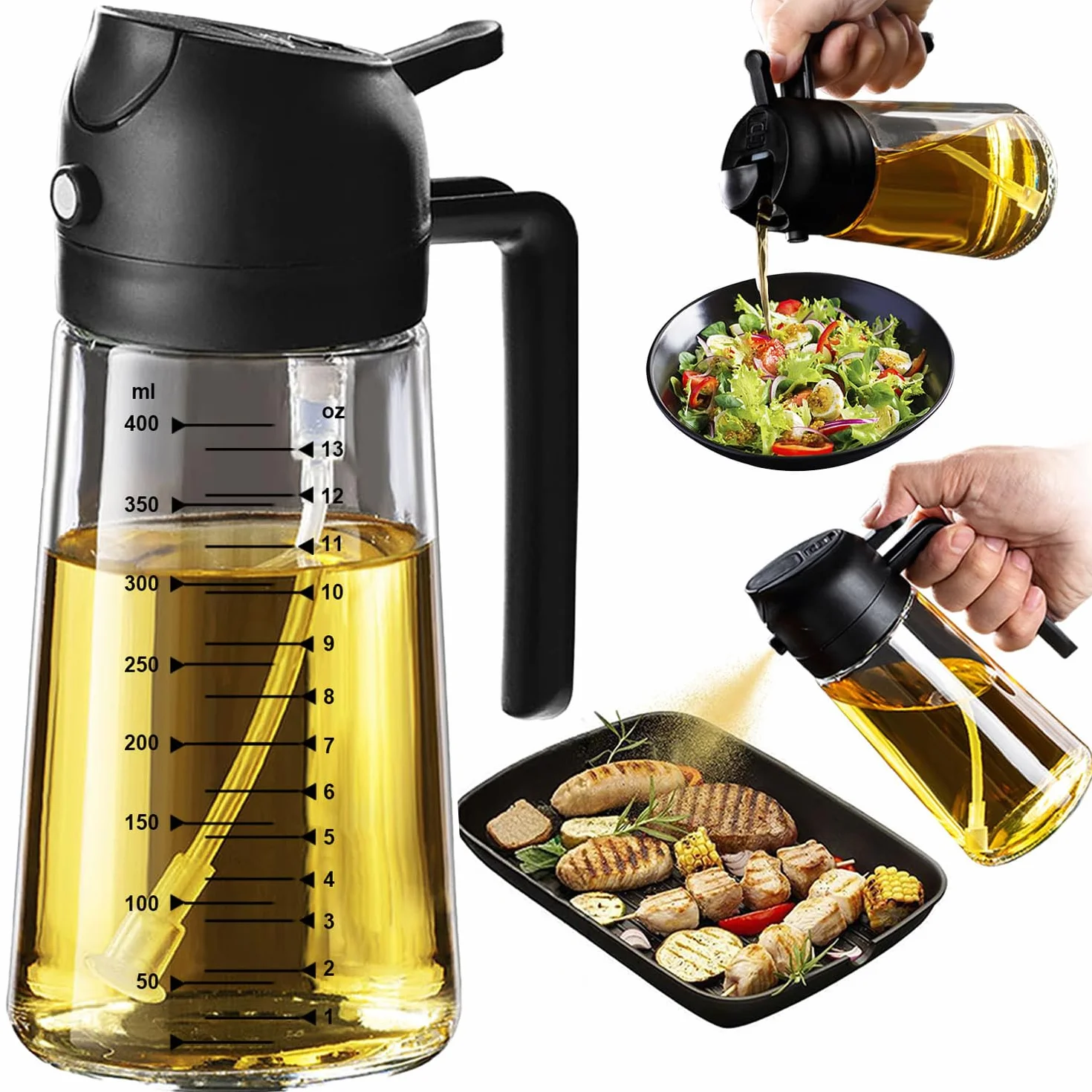 Spruzzino Olio per Friggitrice Aria 470ml, Dosatore Olio 2 in 1, Oliera Spray per Cucina, senza BPA (Nero)